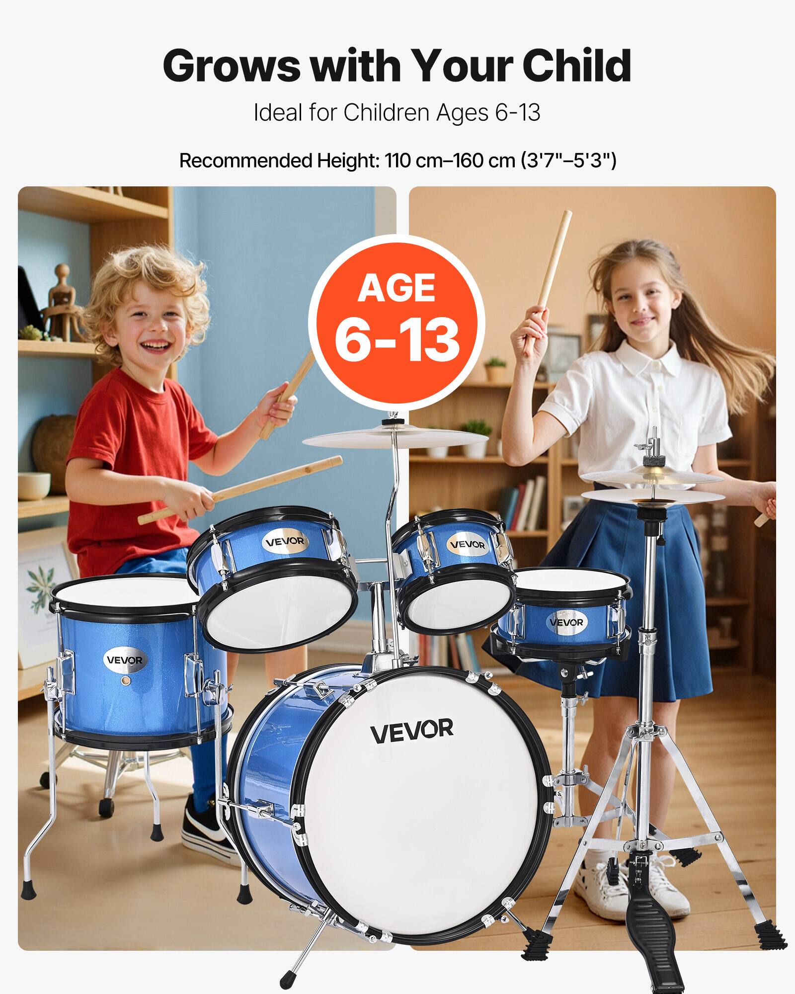 Grows with Your Child  
Ideal for Children Ages 6-13  
Recommended Height: 110 cm-160 cm (3'7"-5'3")  

AGE 6-13  

VEVOR