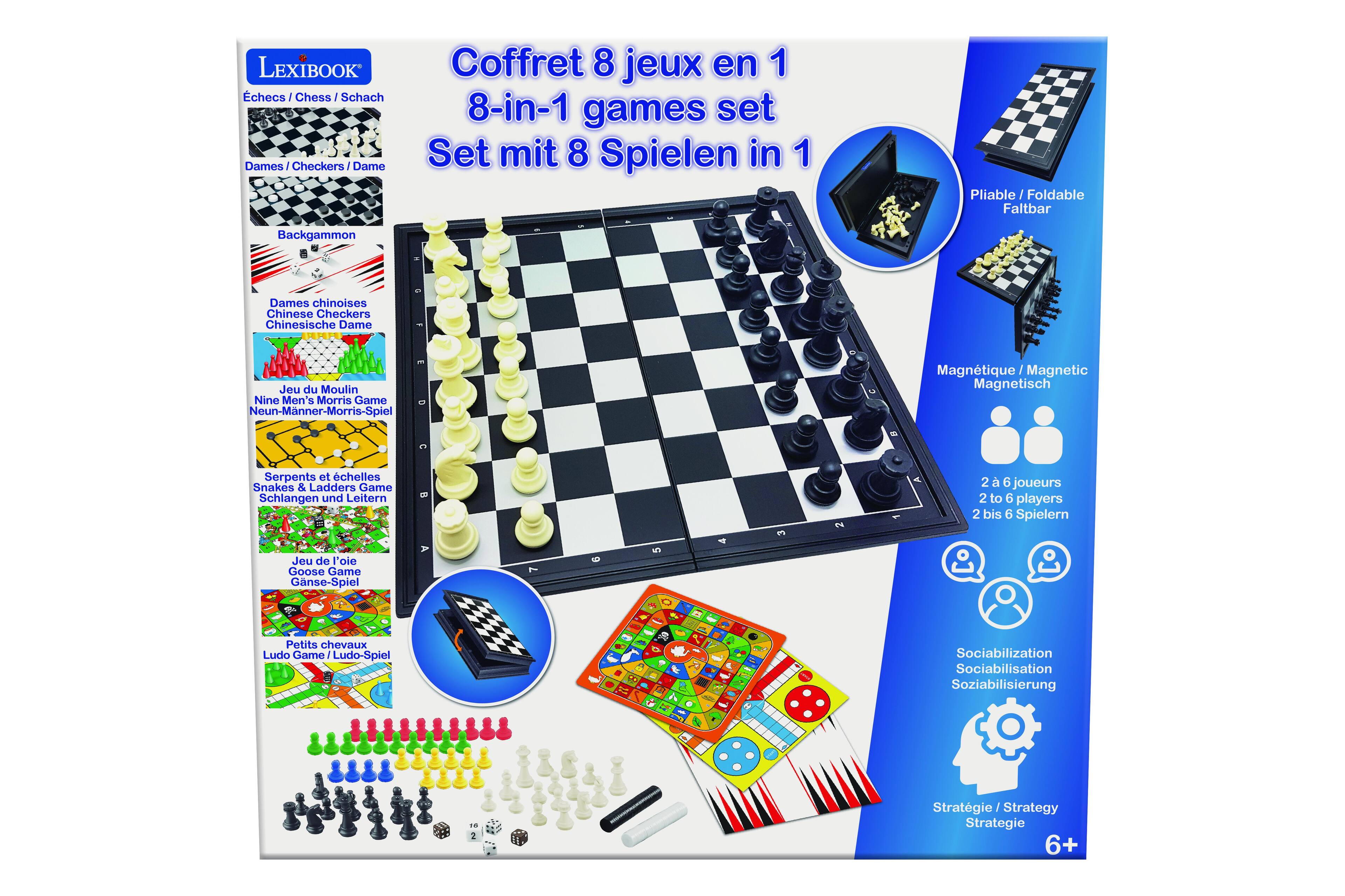 LEXIBOOK Coffret 8 jeux en 1  
Échecs / Chess / Schach  
Dames / Checkers / Dame  
Backgammon  
Dames chinoises / Chinese Checkers / Chinesische Dame  
Jeu du Moulin / Nine Men's Morris Game / Neun-Manner-Morris-Spiel  
Serpents et échelles / Snakes & Ladders Game / Schlangen und Leitern  
Jeu de l'oie / Goose Game / Gnse-Spiel  
Petits chevaux / Ludo Game / Ludo-Spiel  

8-in-1 games set  
Set mit 8 Spielen in 1  
Pliable / Foldable / Faltbar  
Magnétique / Magnetic / Magnetisch  
2 à 6 joueurs / 2 to 6 players / 2 bis 6 Spieler  
Sociabilisation / Soziabilisierung  
Stratégie / Strategy / Strategie  
6+