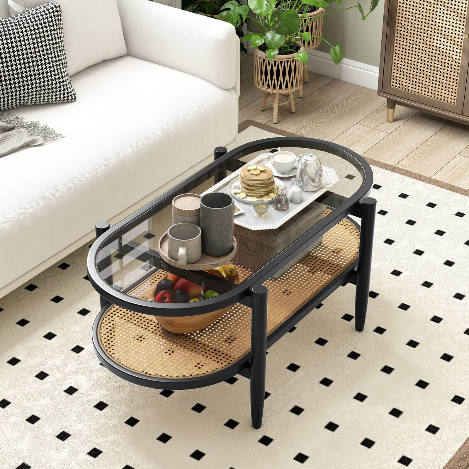 Alt View 12. Costway - 2-Tier Coffee Table Tempered Glass Top with PE Rattan Shelf & Acacia Wood Frame Black - Black.