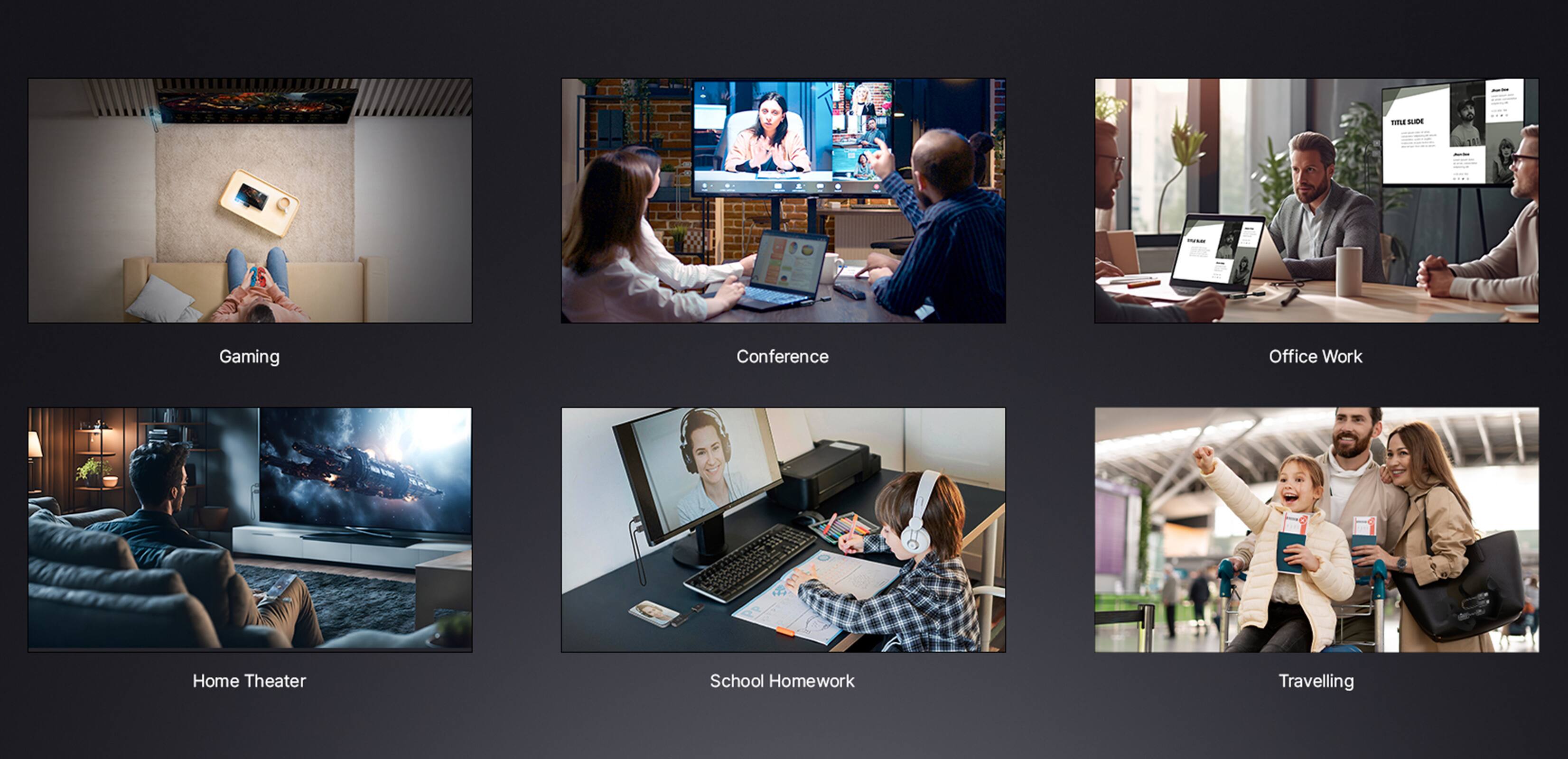 The image shows a series of six different scenarios, each depicting a different use of a laptop. The text on the image reads:
1. Gaming
2. Conference
3. Office Work
4. Home Theater
5. School
6. Homework
7. Travelling
These scenarios represent various activities that people might engage in while using a laptop, such as playing video games, attending virtual meetings, working on documents, watching movies, studying, and staying connected while on the go.