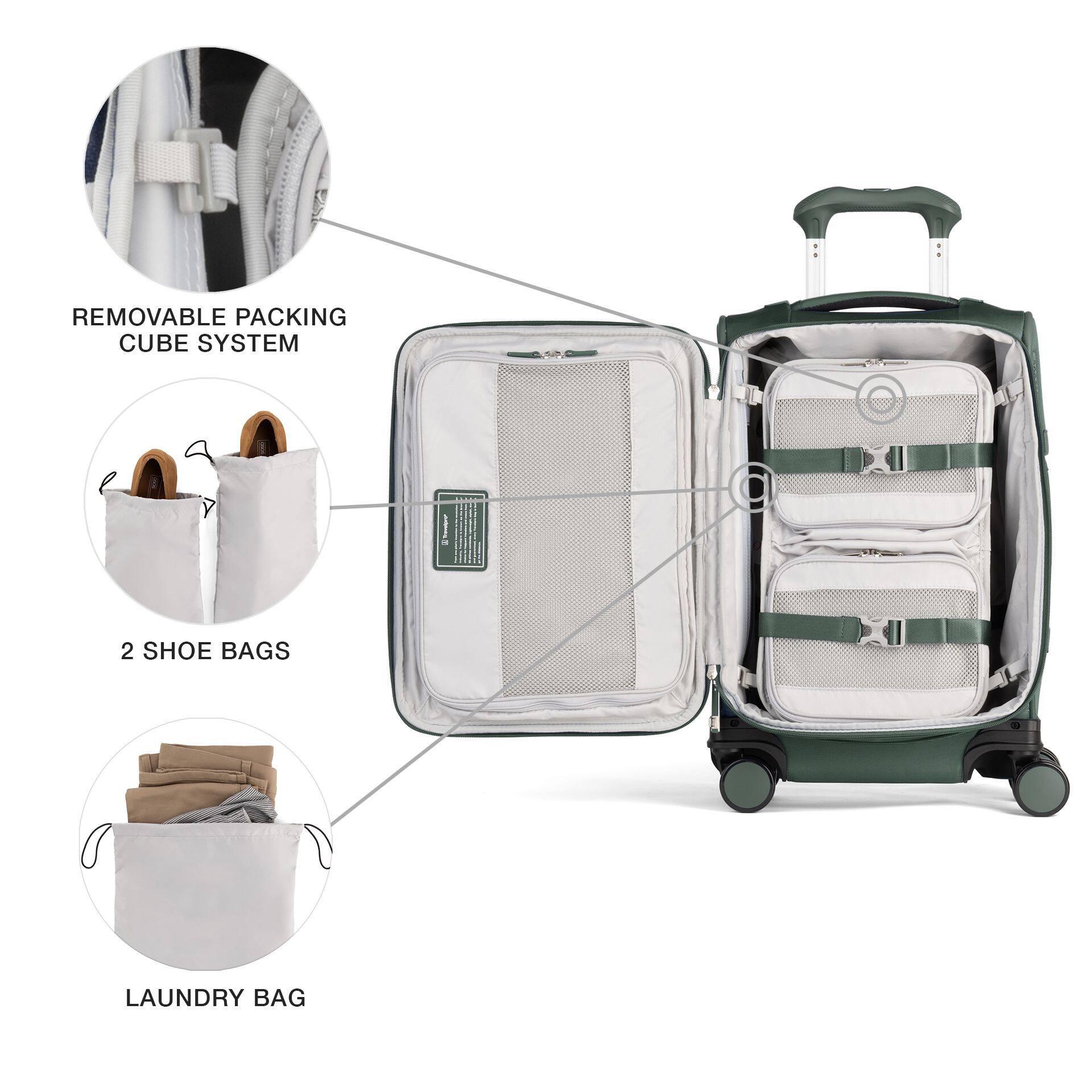 REMOVABLE PACKING CUBE SYSTEM  
2 SHOE BAGS  
LAUNDRY BAG