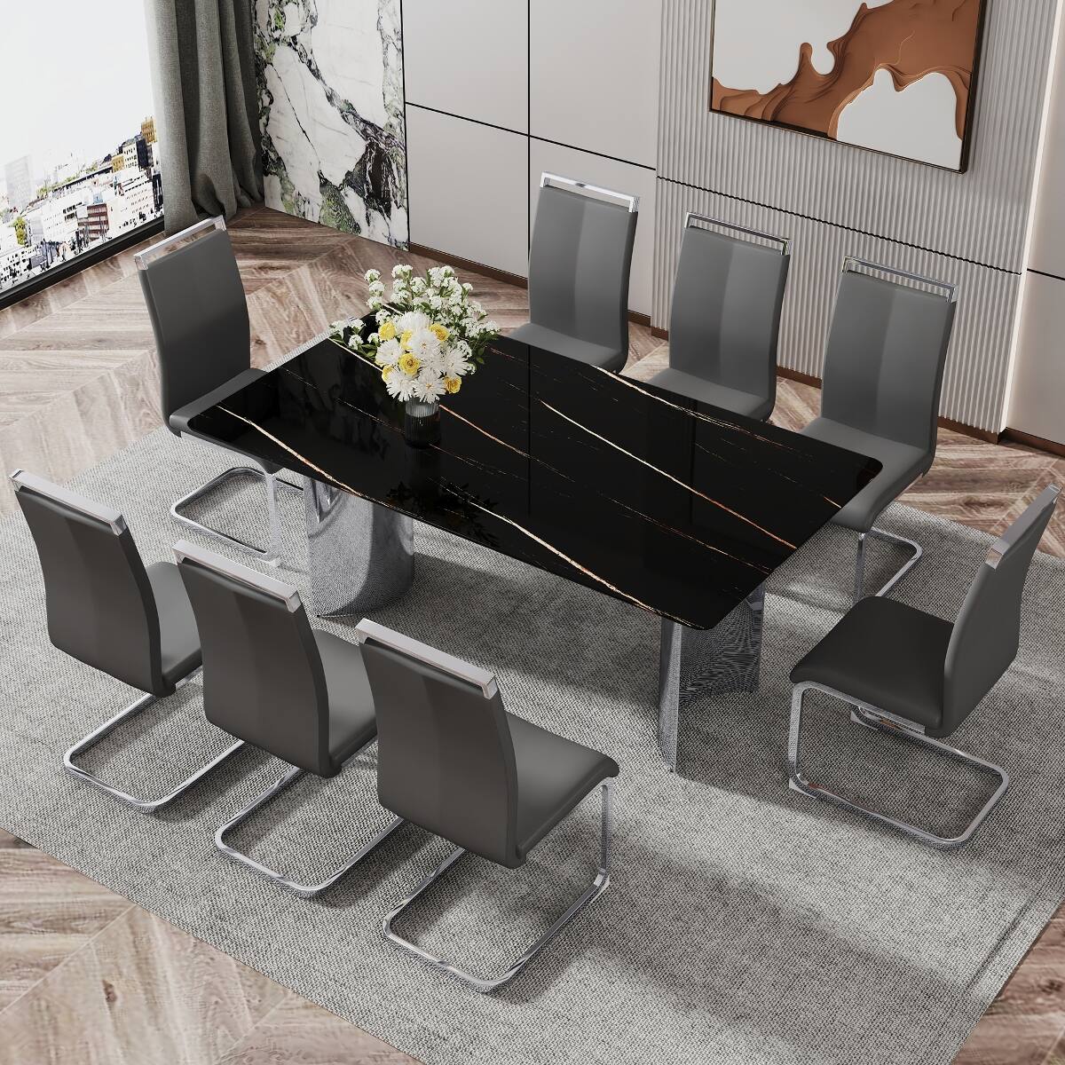 Alt View 7. Loheer - Loheer Black Faux Marble Glass Dining Table with Silver Metal Legs, Modern Minimalist Design - Black.