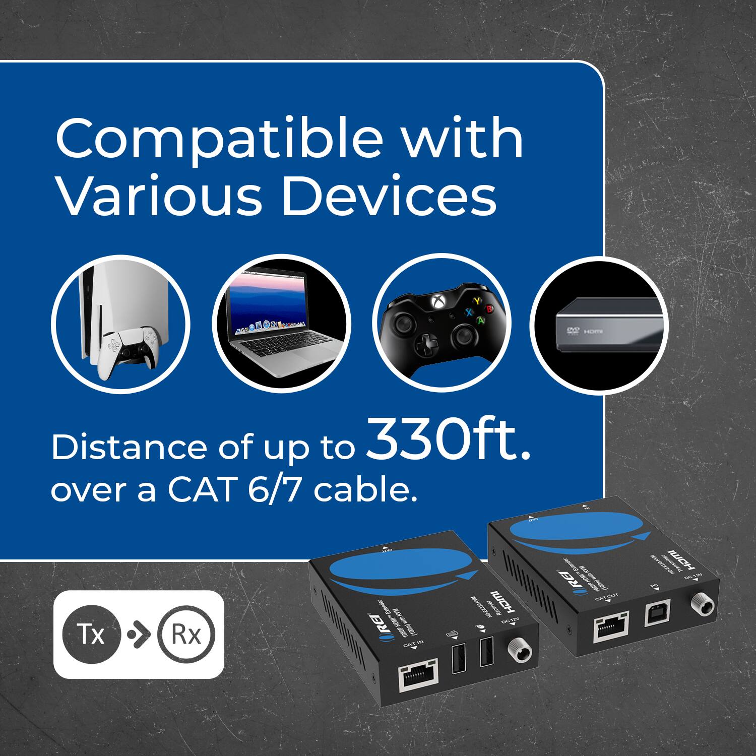 Compatible with Various Devices. Distance of up to 330ft. over a CAT 6/7 cable.