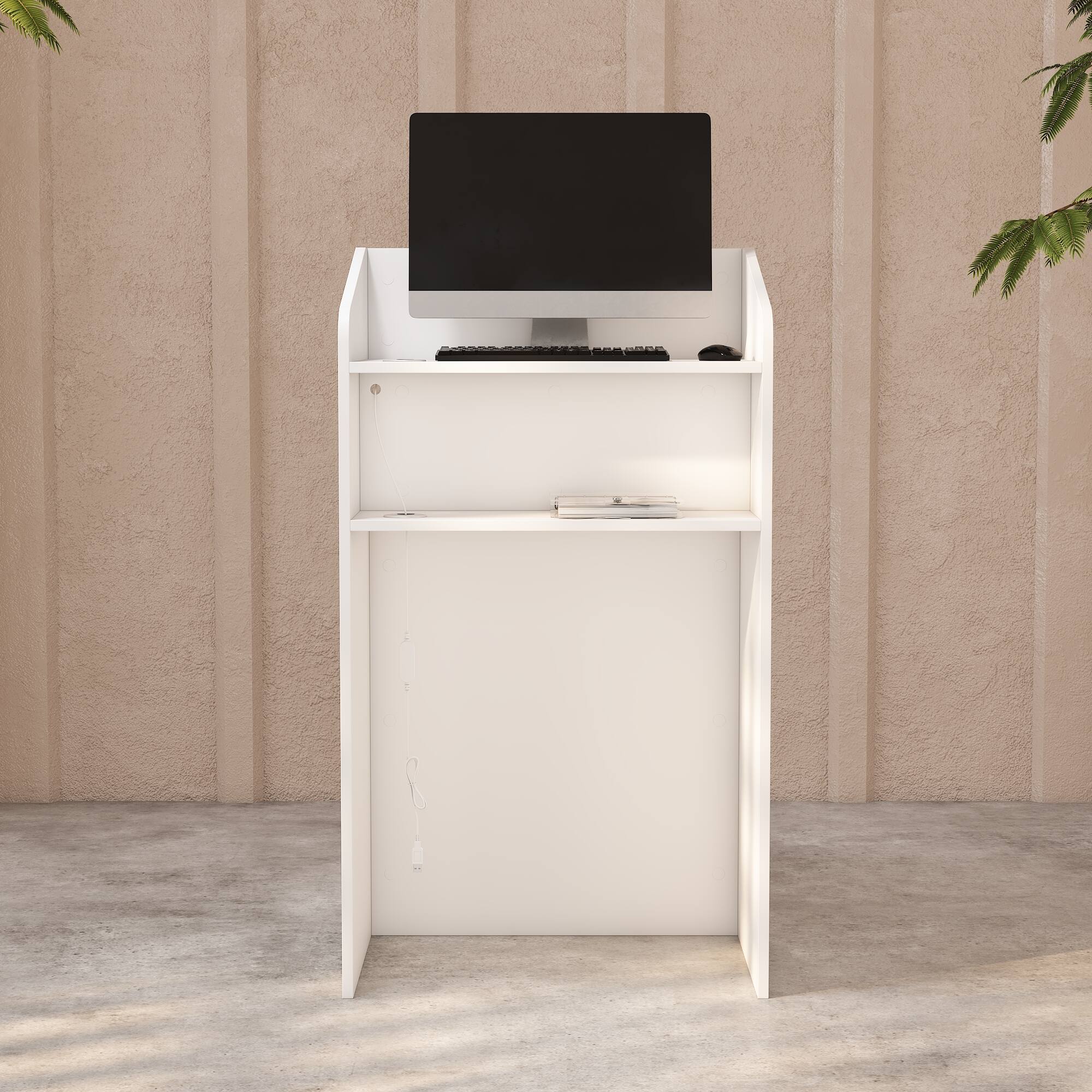Angle. Famapy - Small Reception Desk with LED Light, White Podium Stand for Salon, Modern Checkout Counter for Small Business. - White.