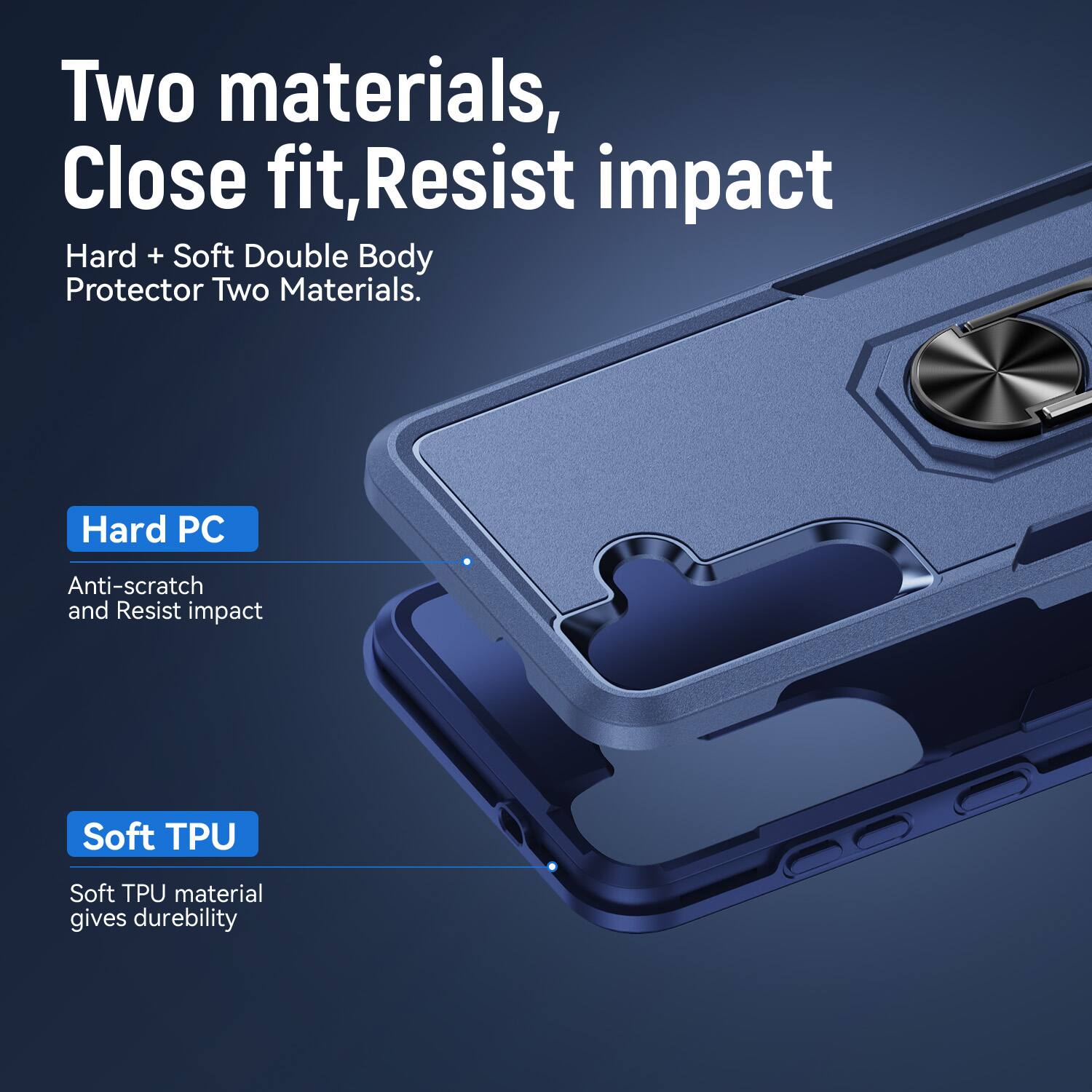 Two materials, Close fit, Resist impact  
Hard + Soft Double Body Protector Two Materials.  
Hard PC  
Anti-scratch and Resist impact  
Soft TPU  
Soft TPU material gives durability