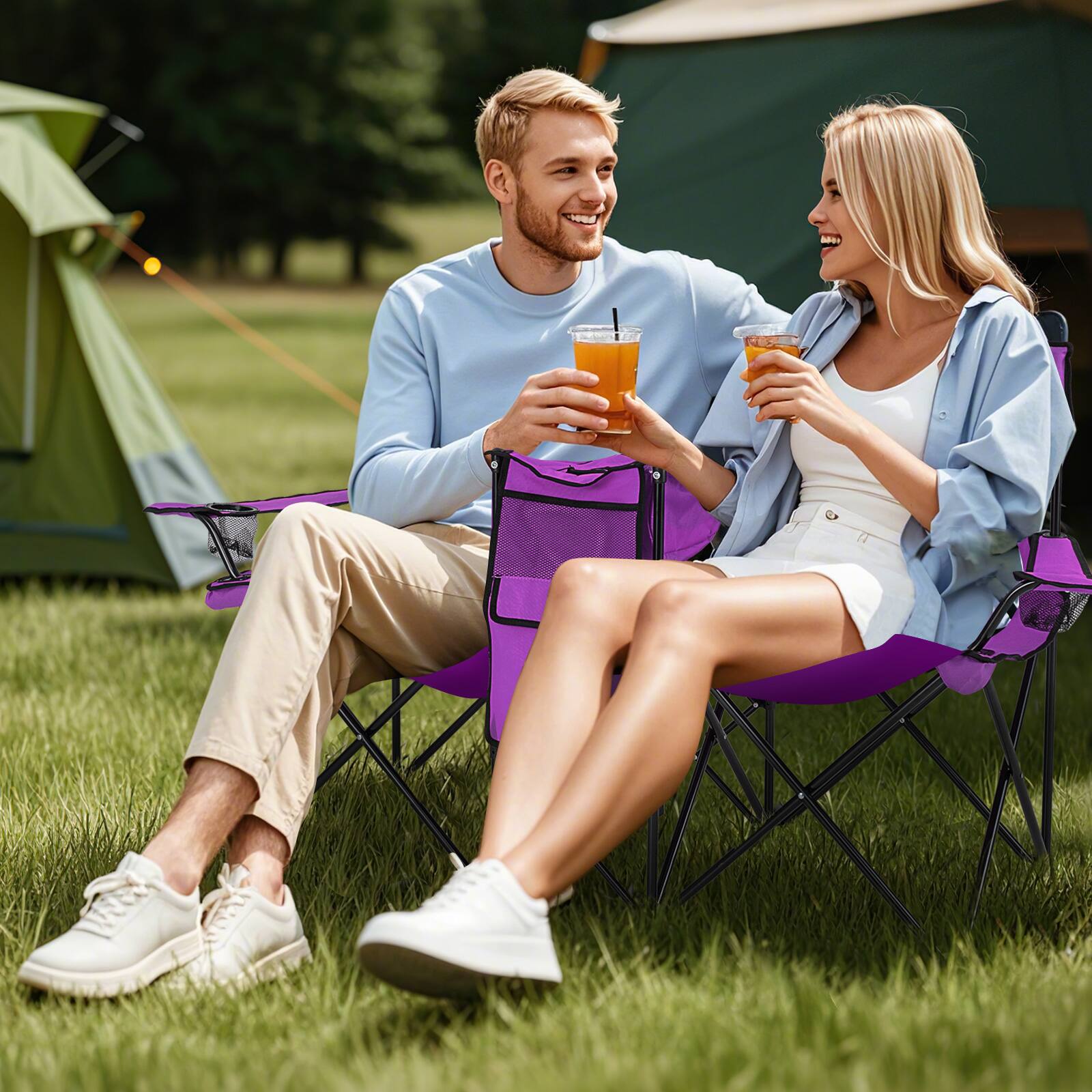 Alt View 1. Costway - Costway Portable Double Camping Chair with Removable Adjustable Umbrella, Carrying Bag - Purple.