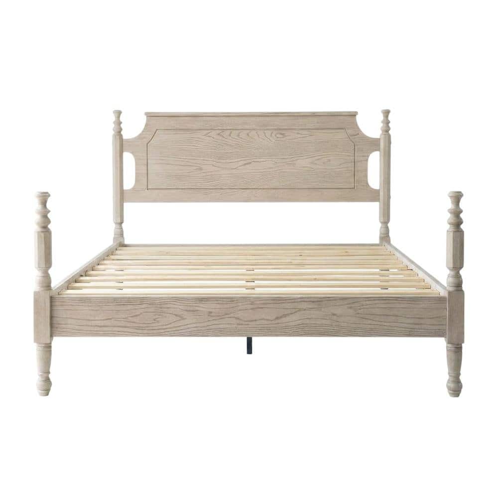 FurniFact - Solid Wood Platform Bed with Headboard - Driftwood Gray Oak