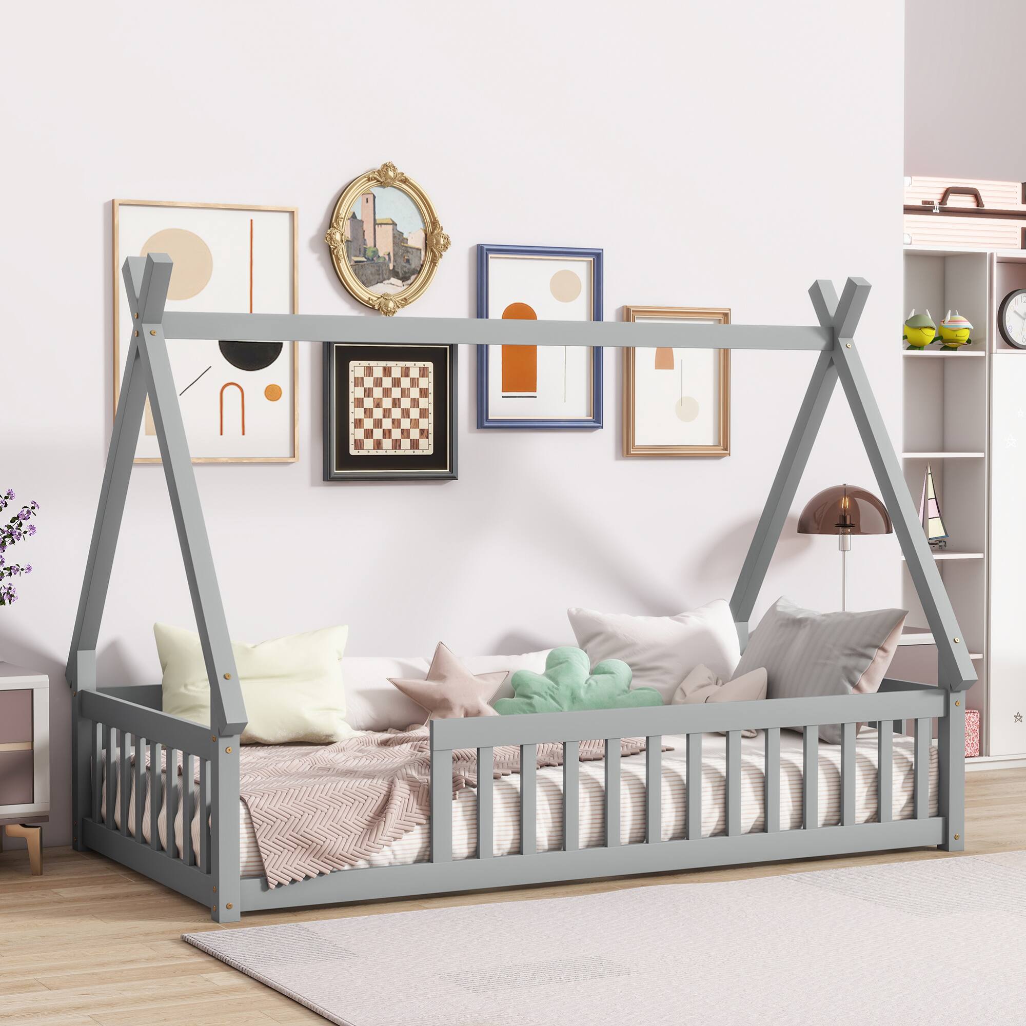 Alt View 5. GOODSILO - Twin-Size Tent-Shaped Low Profile Floor Bed with Safety Guardrails and Slatted Base - Grey.