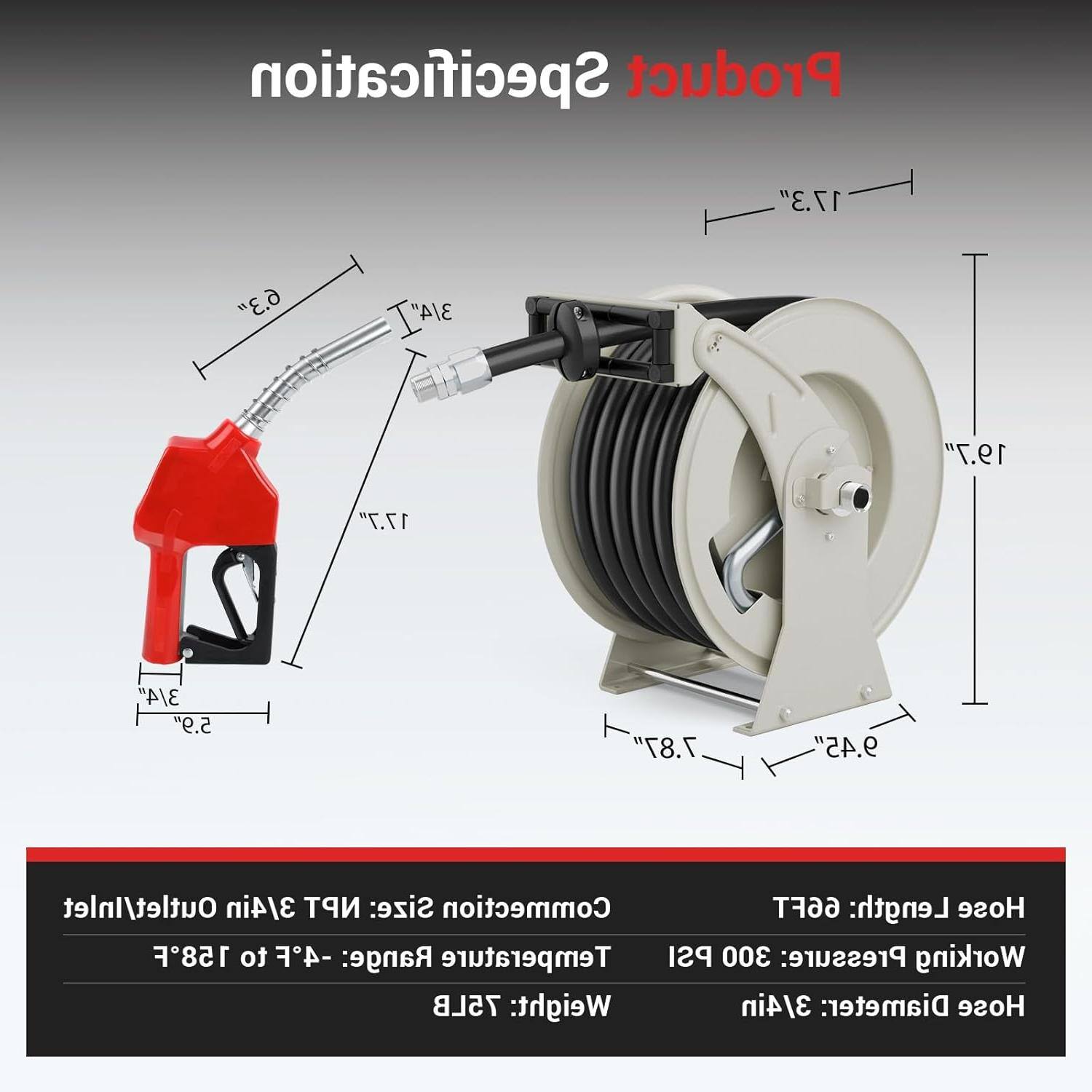 **Product Specifications:**

- **Outlet/Inlet:** 3/4" NPT
- **Connection Size:** 3/4"
- **Hose Length:** 66 FT
- **Temperature Range:** -4°F to 158°F
- **Working Pressure:** 300 PSI
- **Hose Diameter:** 3/4"
- **Weight:** 75 LB

**Dimensions:**

- **Overall Length:** 19.7"
- **Overall Width:** 17.7"
- **Overall Height:** 6.3"
- **Spool Height:** 17.3"
- **Spool Width:** 9.45"
- **Spool Depth:** 7.87"
- **Spool Diameter:** 18.5"
- **Spool Height:** 8.5"
- **Spool Width:** 11.5"
- **Spool Depth:** 11.5"
- **Nozzle Length:** 3.7"
- **Nozzle Width:** 2.2"
- **Nozzle Height:** 3.7"
- **Nozzle Depth:** 2.2"