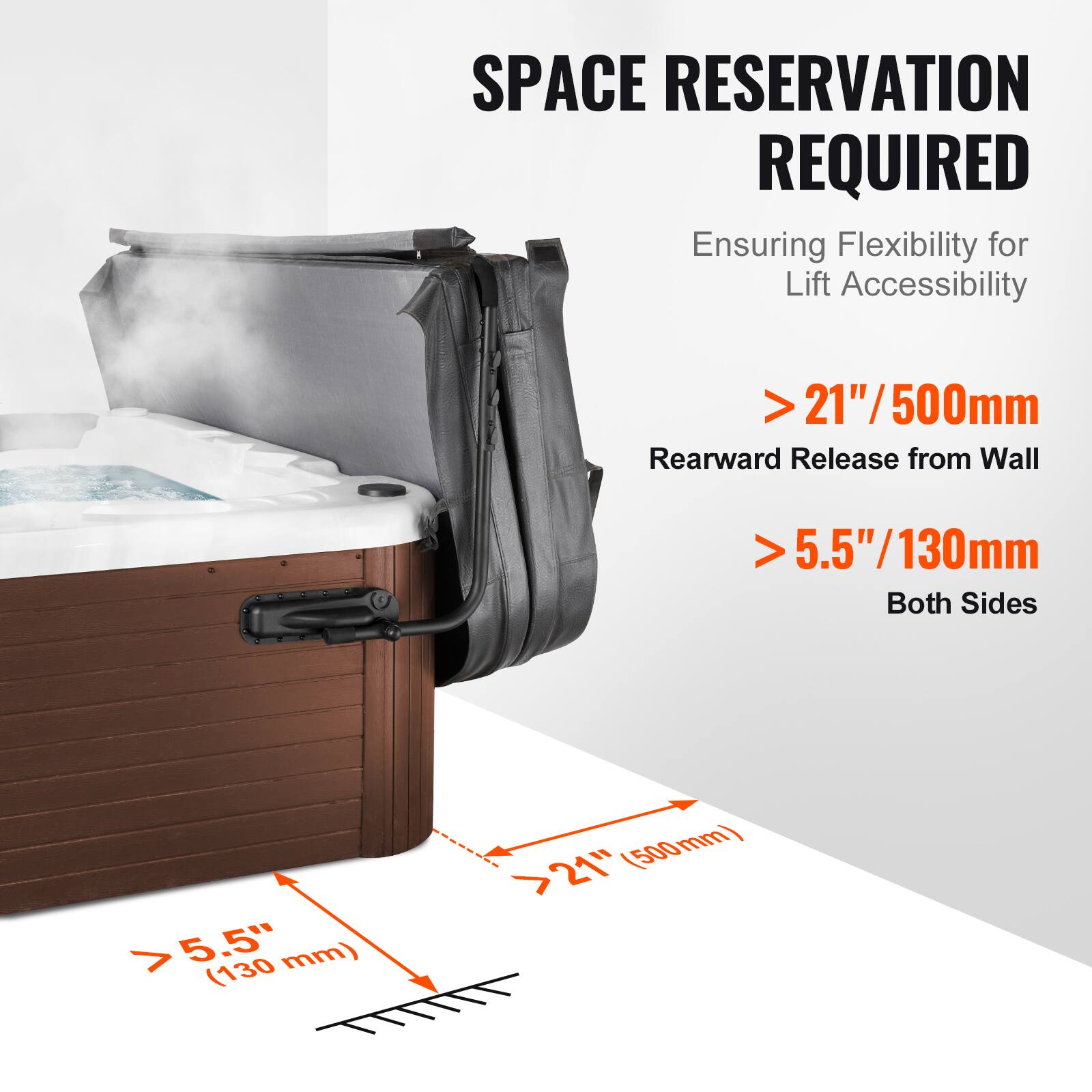 SPACE RESERVATION REQUIRED  
Ensuring Flexibility for Lift Accessibility  

> 21"/500mm  
Rearward Release from Wall  

> 5.5"/130mm  
Both Sides