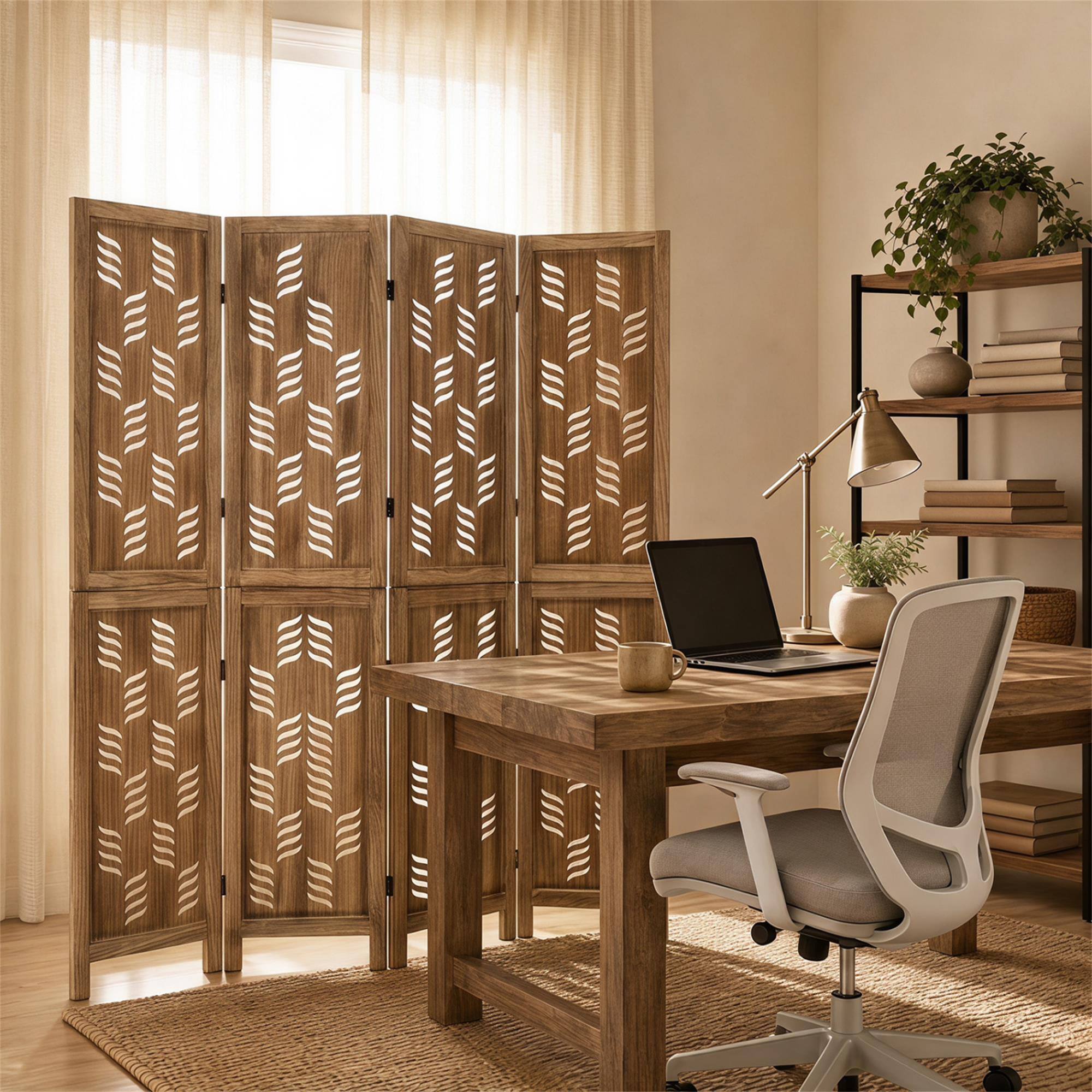 Alt View 2. Boyel Living - 5.5 FT Tall Room Divider 4 Panels with Wave Cutout & Paulownia Frame for Room-Brown - Brown.