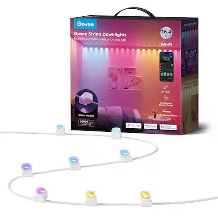 Govee Govee String Downlights Explore rainbow walls with one tap 16.4 FT Wi-Fi RGBIC Lighting Effects DIY Mode Cuttable and Compact Design White Version 20000 Hours for LED Light matter works with Alexa and Google Home