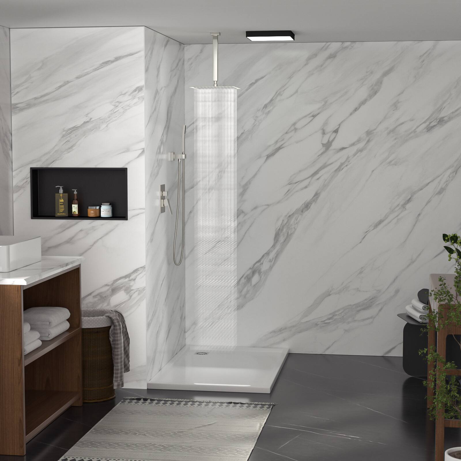 Angle. Lordear - Dual Shower Head - 10 Inch Ceiling Mount Square Shower System with Rough-in Valve,Brushed Nickel - Brushed Nickel.