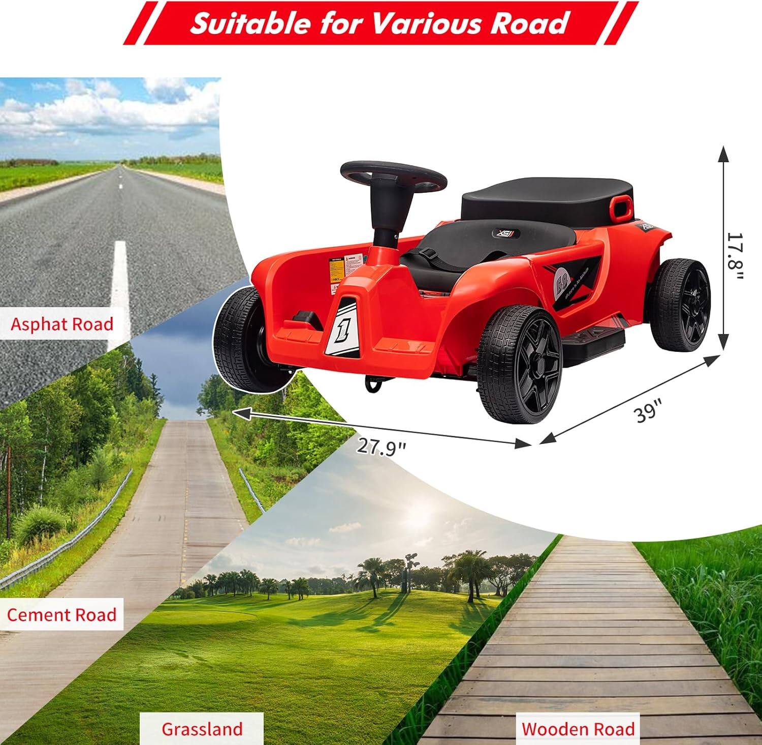 Suitable for Various Road

Asphalt Road

Cement Road

Grassland

Wooden Road

17.8"  
27.9"  
39"