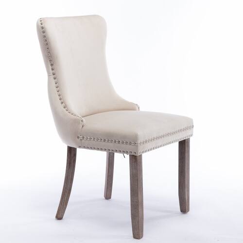 Left. LUCKY ONE - Assembled Wing-Back Dining Chair Set of 2 with Nailhead Trim Solid Wood Legs Upholstered - Beige.