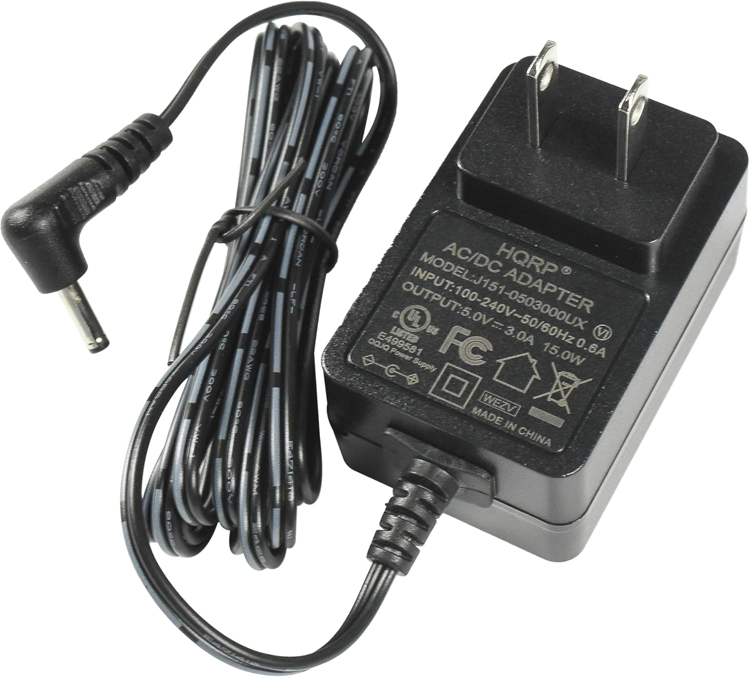 8O-C 1TS Sa 0 nsC PRAWG BO0V ORDAN AC/DC HQRP C OUTPUT:5.0V= MODEL:J151-0503000UX ADAPTER es UL LISTED Us 3.0A VI OaJO E49958 Power 1 FC 15.0W 15 0.6A Supply WEZV MADE IN CHINA