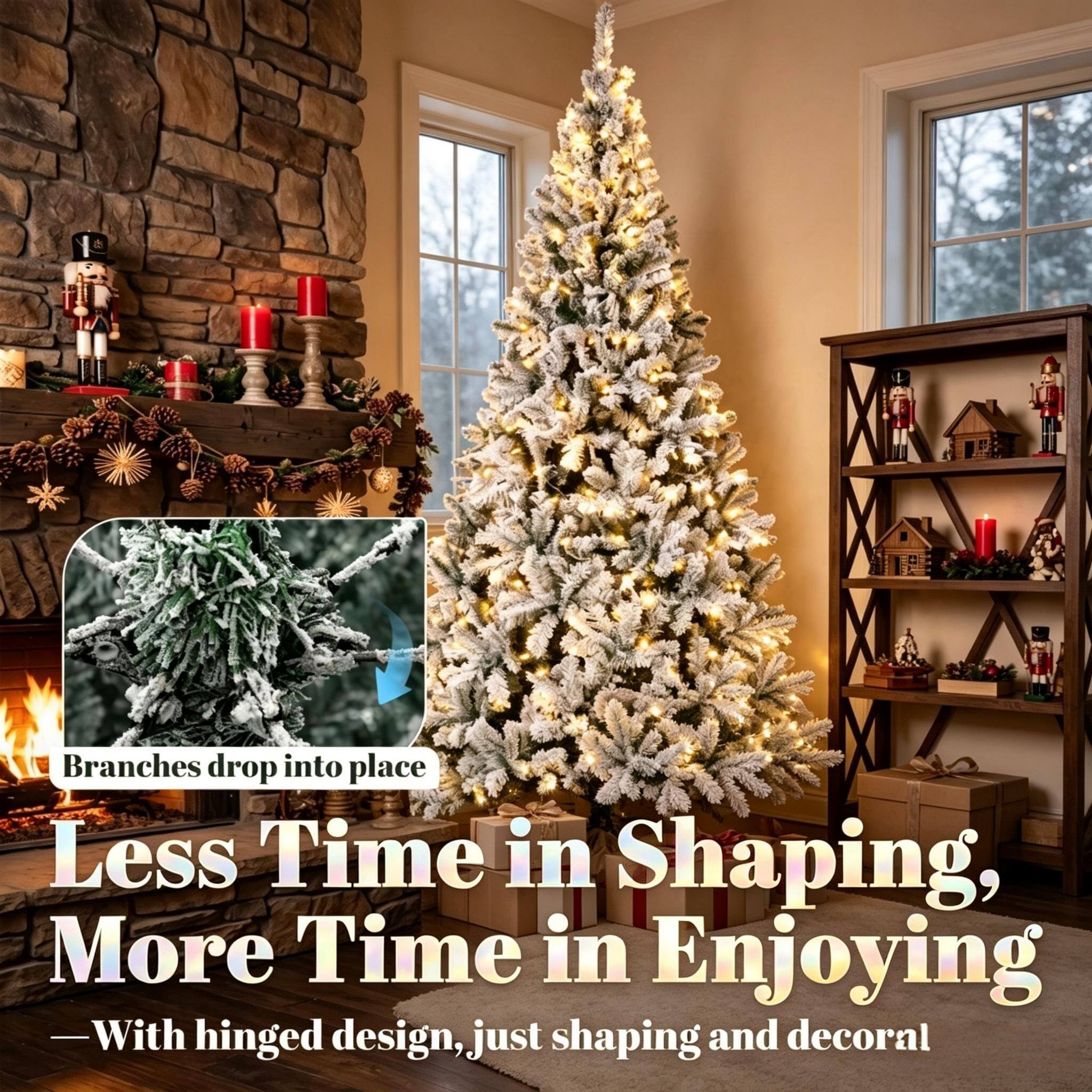 Branches drop into place  
Less Time in Shaping, More Time in Enjoying  
—With hinged design, just shaping and decorating