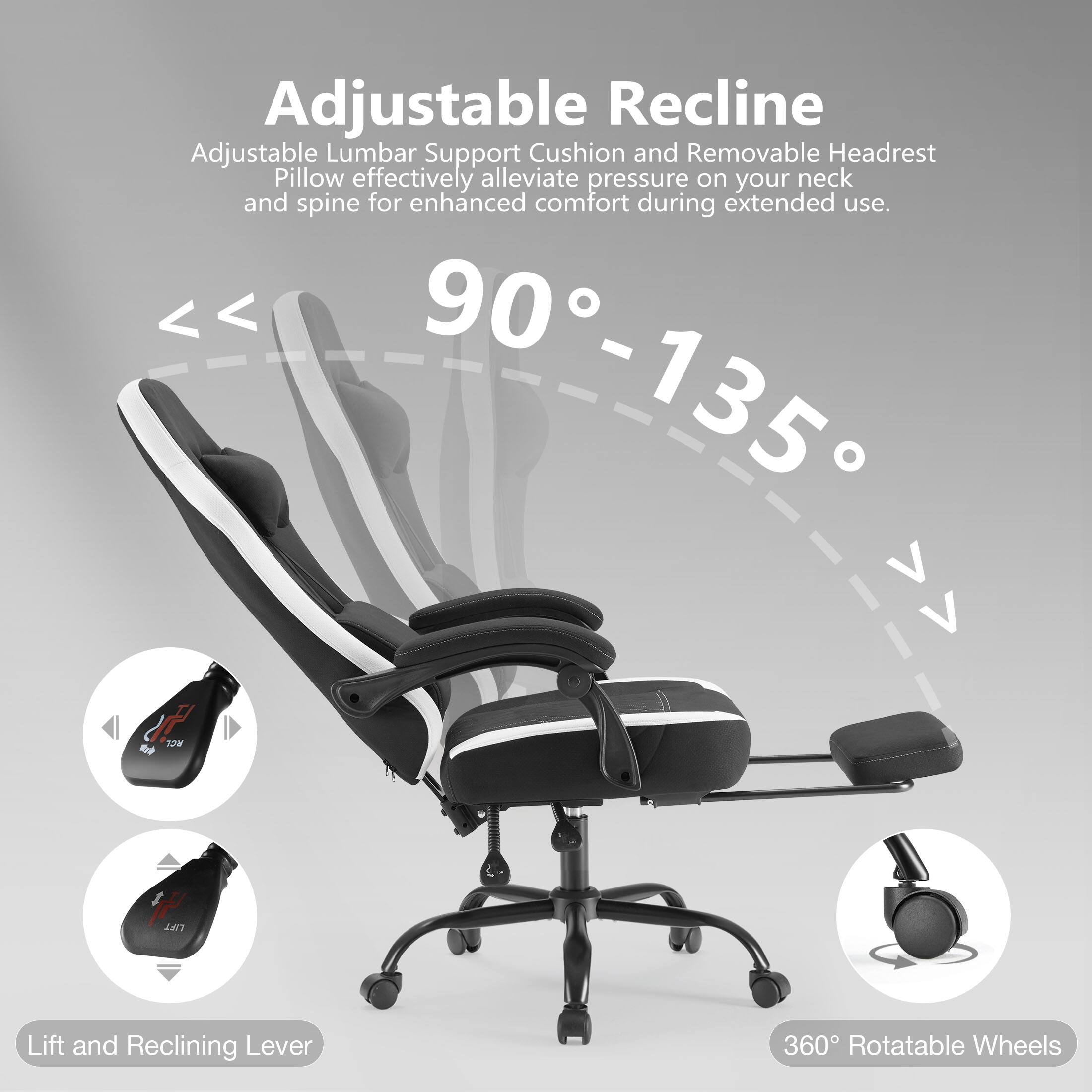 Adjustable Recline Adjustable Lumbar Support Cushion and Removable Headrest Pillow effectively alleviate pressure on your neck and spine for enhanced comfort during extended use. 90° - 135° V Lift and Reclining Lever 360° Rotatable Wheels