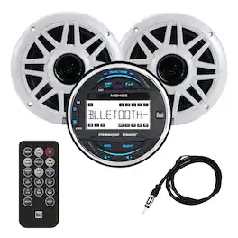 Dual - Gauge Hole Marine Stereo with (2) 6.5" Speakers, Wireless Remote & Antenna | IPX6 Waterproof Bluetooth Radio