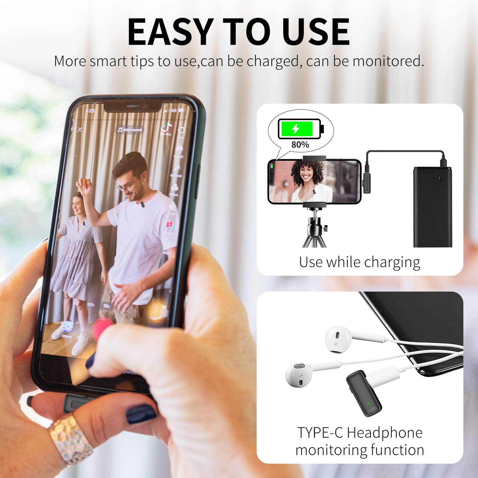 EASY TO USE  
More smart tips to use, can be charged, can be monitored.

- Use while charging  
  80%

- TYPE-C Headphone monitoring function