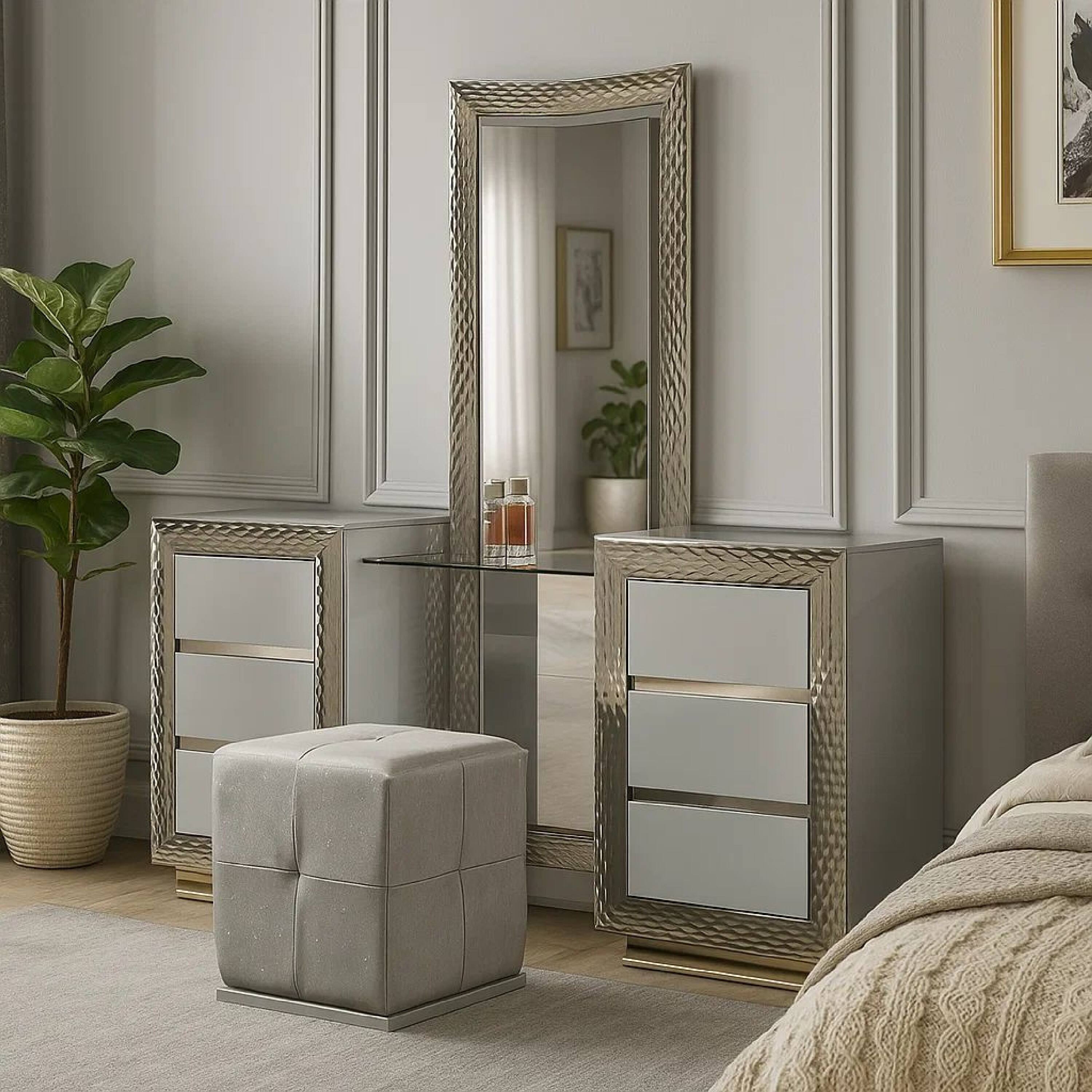 Alt View 6. Manhattan Lane - Vino 3pc Vanity Dressing Table Set w Stool, Satin Fabric, Rubberwood - Gray.