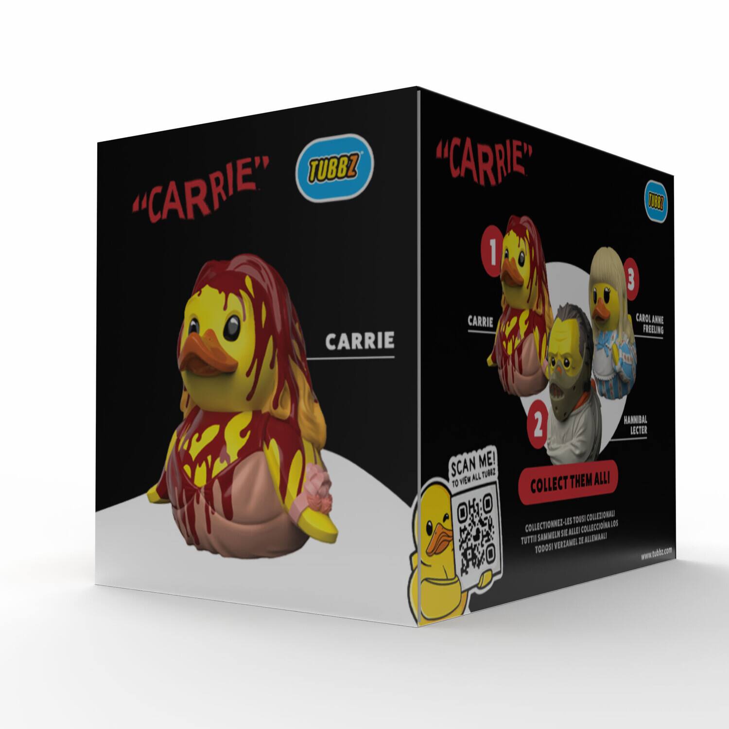 "CARRIE"  
TUBBZ

CARRIE

SCAN ME!  
TO VIEW ALL TUBBZ

COLLECT THEM ALL!

1 CARRIE  
2 HANNIBAL LECTER  
3 CAROL LANE FREELING

COLLECT THEM ALL!  
TUTTI I TUBBZ SONO COLLEZIONABILI  
TUTTI I TUBBZ SONT COLLECTIBLES  
TUTTI I TUBBZ SON COLLECCIONABLES  
TUTTI I TUBBZ SON COLLECTIBLES  
TUTTI I TUBBZ SON COLLECTIBLES

www.tubbz.com