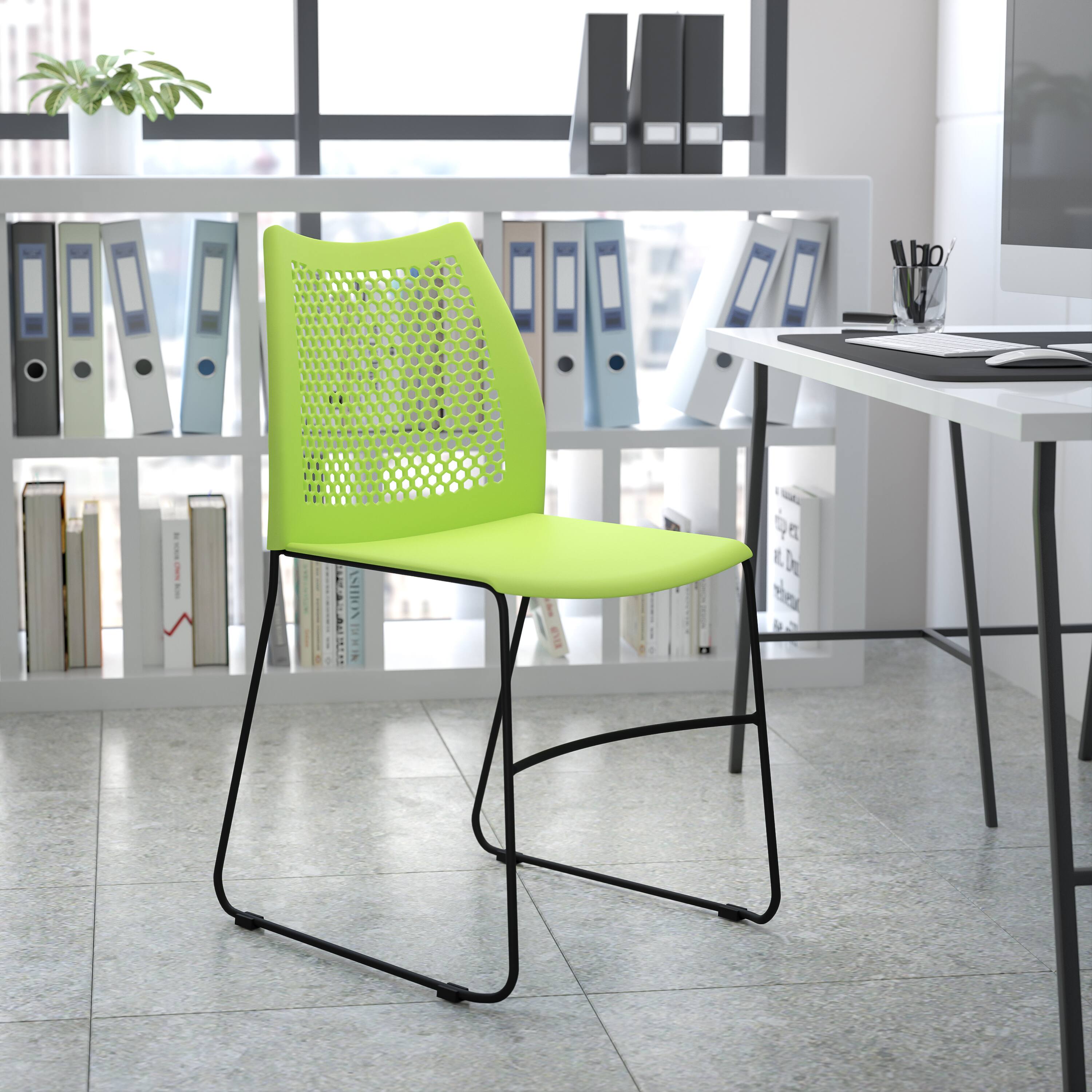 Angle. Flash Furniture - HERCULES Series 661 lb. Capacity Green Stack Chair with Air-Vent Back and Gray Powder Coated Sled Base - Green.