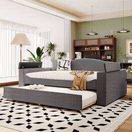 Tiramisubest - Full Size Upholstered Daybed with Storage Armrests, Trundle and Latest Integrated Bluetooth Audio System, Teddy Fleece - Gray