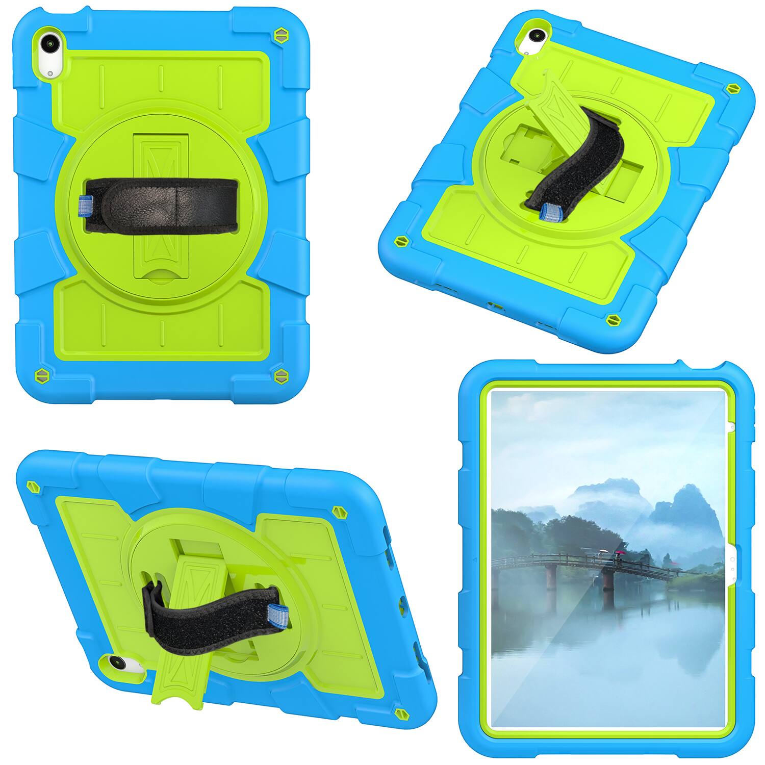 Left. Dteck - Heavy Duty Rugged Case for Apple iPad (A16) 11" 2025 & iPad 10.9" (10th Gen 2022),With Built-in Kickstand+Shoulder Strap - Blue Green.