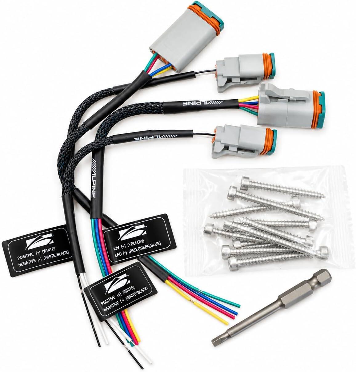 ALPINE  
POSITIVE (+) (WHITE)  
NEGATIVE (+) (WHITE/BLACK)  
12V LED (+) (WHITE) (WHITE/BLACK)  
POSITIVE (-) NEGATIVE  
(RED, GREEN, BLUE)