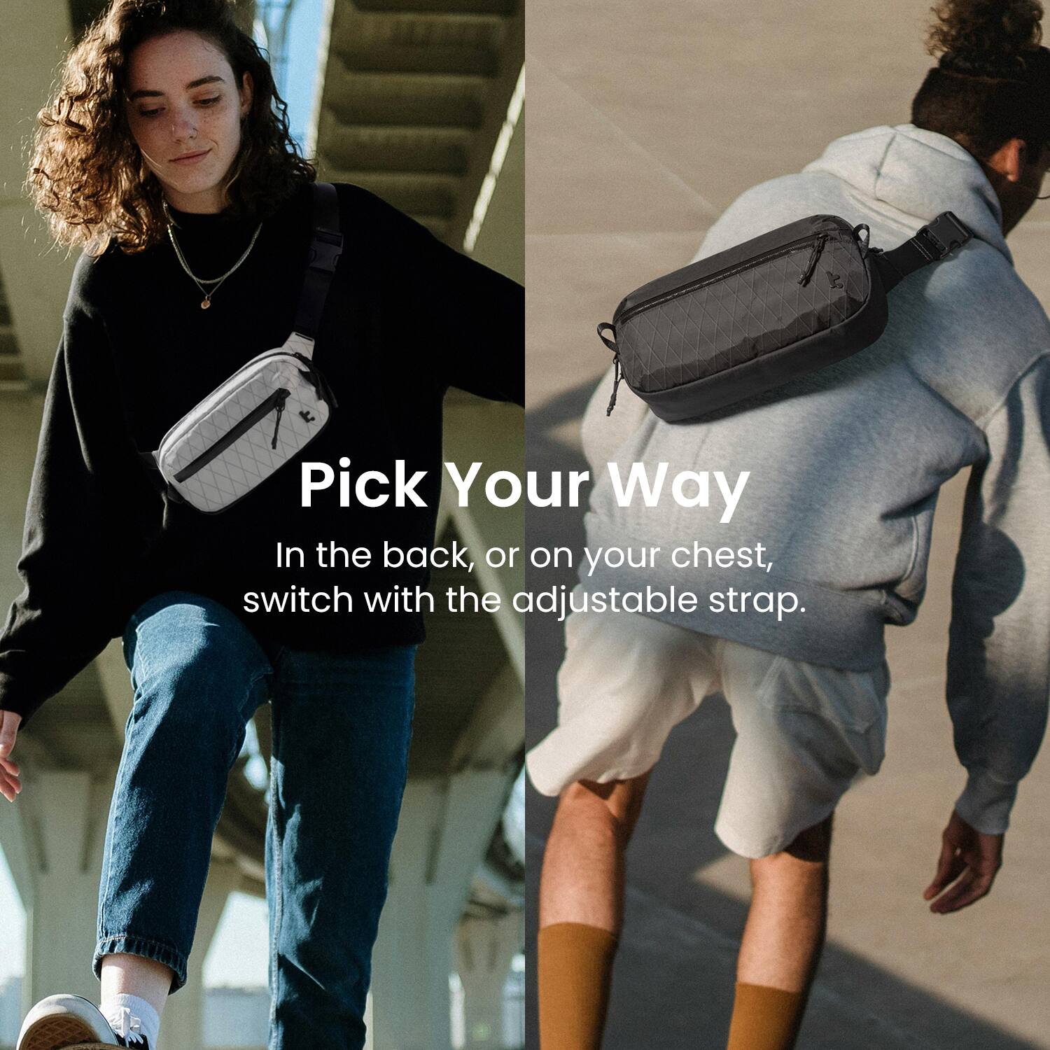 Pick Your Way
In the back, or on your chest, switch with the adjustable strap.
