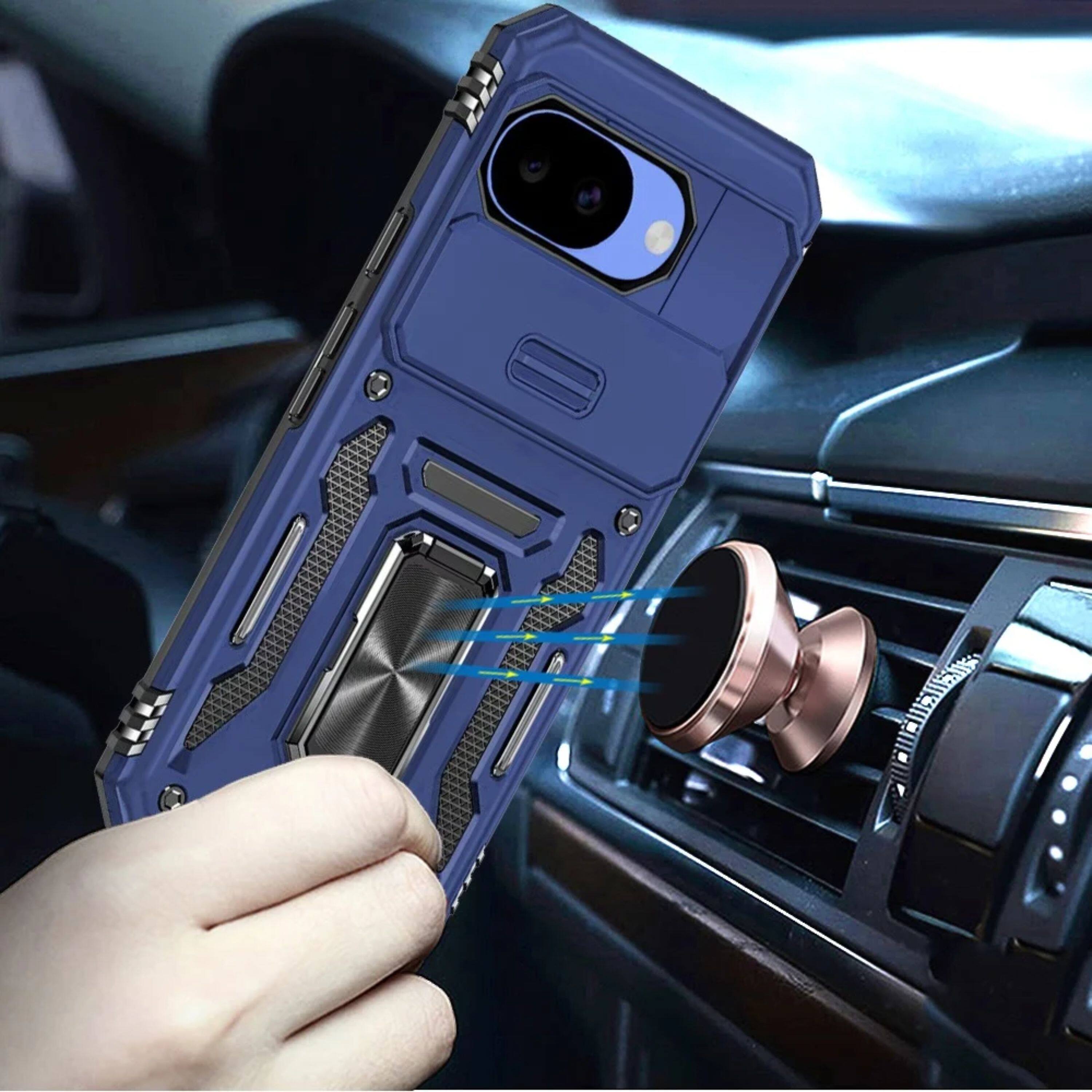 Angle. Kitcheniva - Shockproof Camera Lens Sliding Cover Magnetic Ring Stand Phone Case With Tempered Glass For Google Pixel 10a Navy blue - Navy blue.