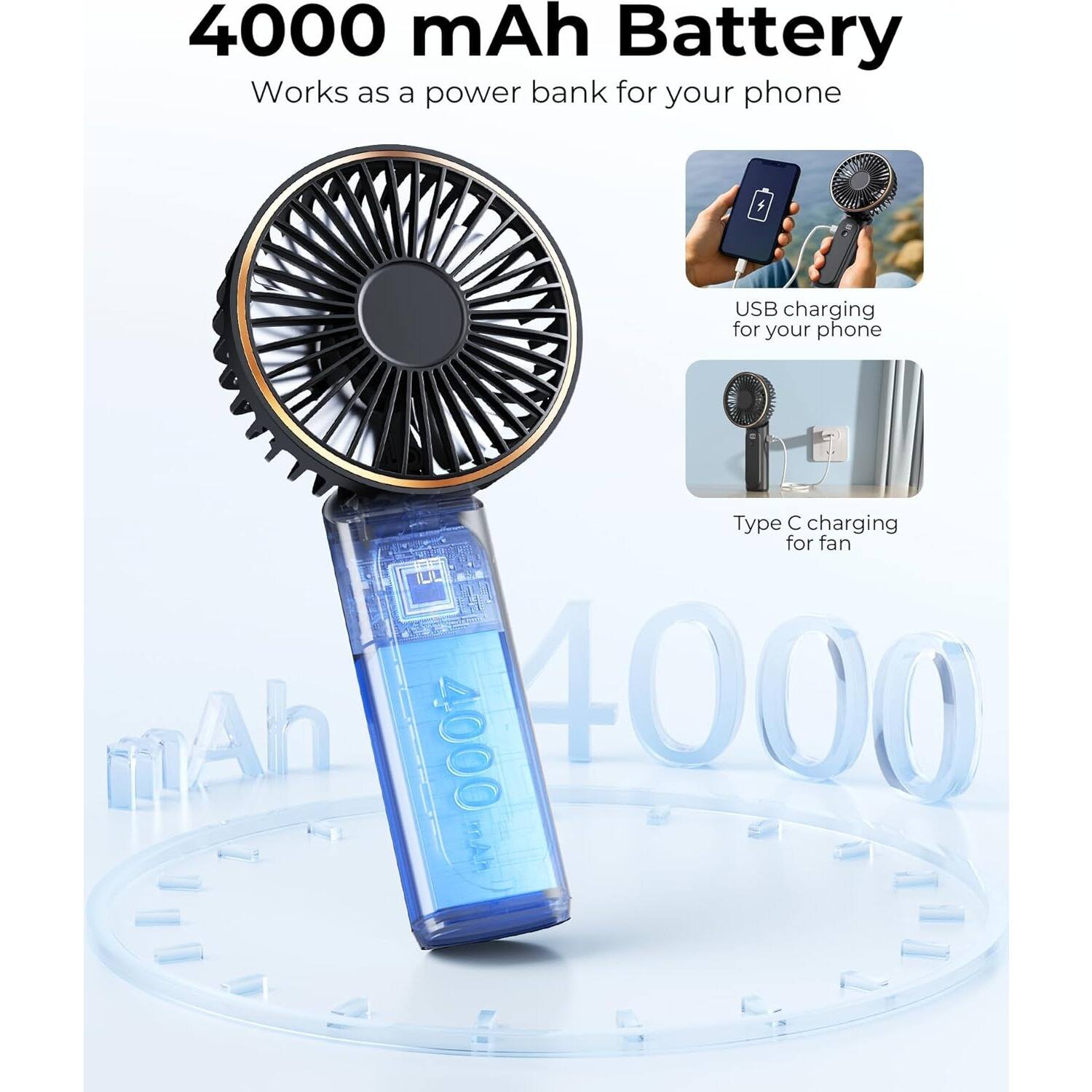 4000 mAh Battery  
Works as a power bank for your phone  

USB charging for your phone  
Type C charging for fan  

4000 mAh