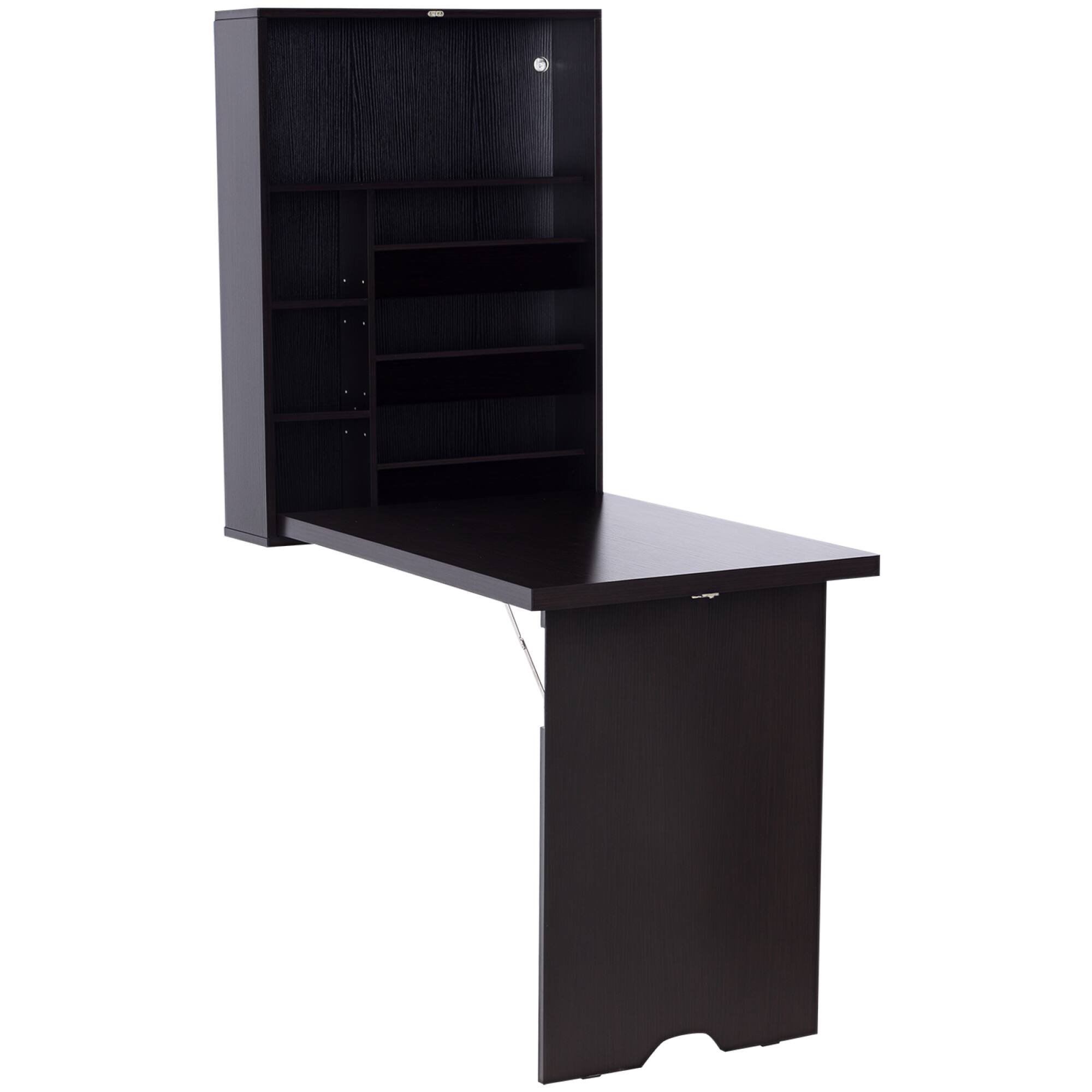 Alt View 1. GOODSILO - Wall Mounted Fold Out Convertible Desk with Adjustable Shelves and Storage Compartments for Home Office Use - Brown.