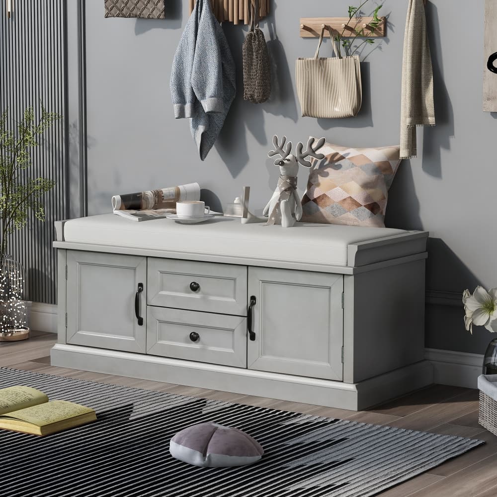 Ropilly - Storage Bench with Cushion, Entryway Shoe Bench with Drawers and Cabinets, Wooden Mudroom Seating - Gray Wash