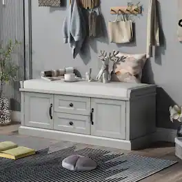 Ropilly - Storage Bench with Cushion, Entryway Shoe Bench with Drawers and Cabinets, Wooden Mudroom Seating - Gray Wash