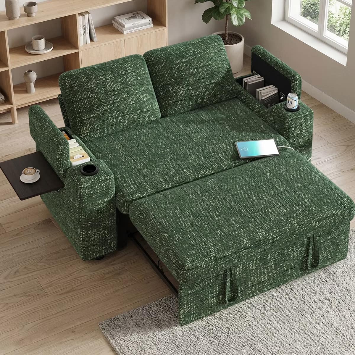 Photos - Sofa Dyonery - 65.5" Green Loveseat Sleeper  Bed with Pull-Out Couch, Adjustable Backrest, Hidden Storage, USB & Type-C, Chen
