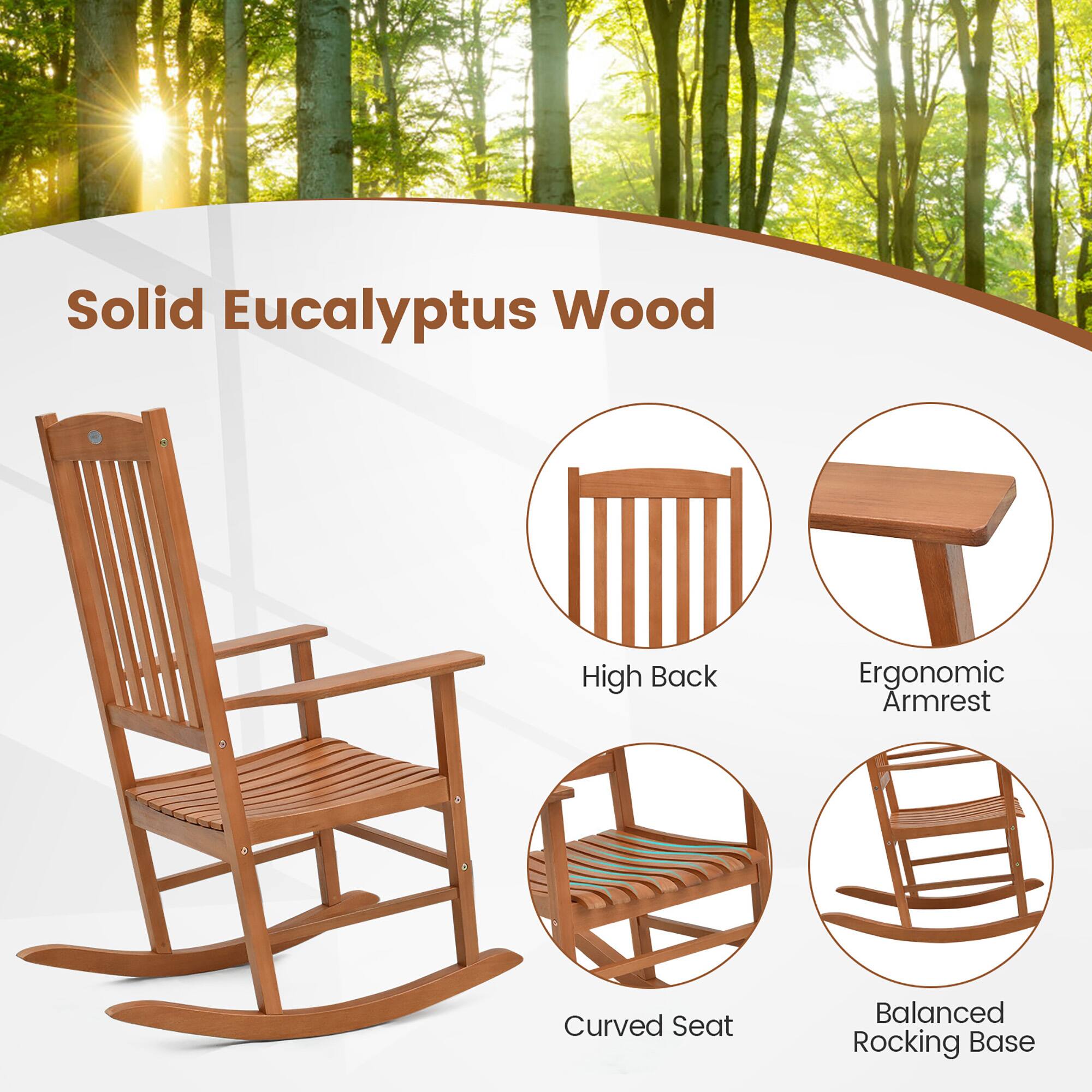Solid Eucalyptus Wood

- High Back
- Ergonomic Armrest
- Curved Seat
- Balanced Rocking Base