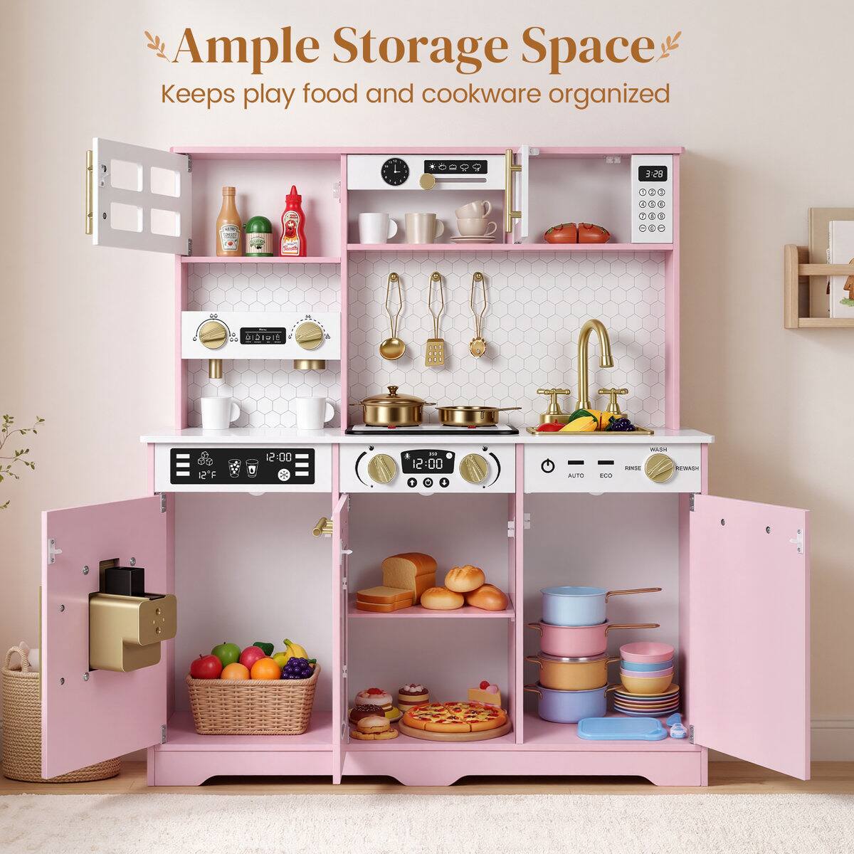 Ample Storage Space  
Keeps play food and cookware organized