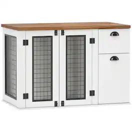 Pawhut - Dog Crate Furniture, 44" Dog Kennel End Table with Double Door, Storage, Drawer, Indoor Furniture Style Dog Cage