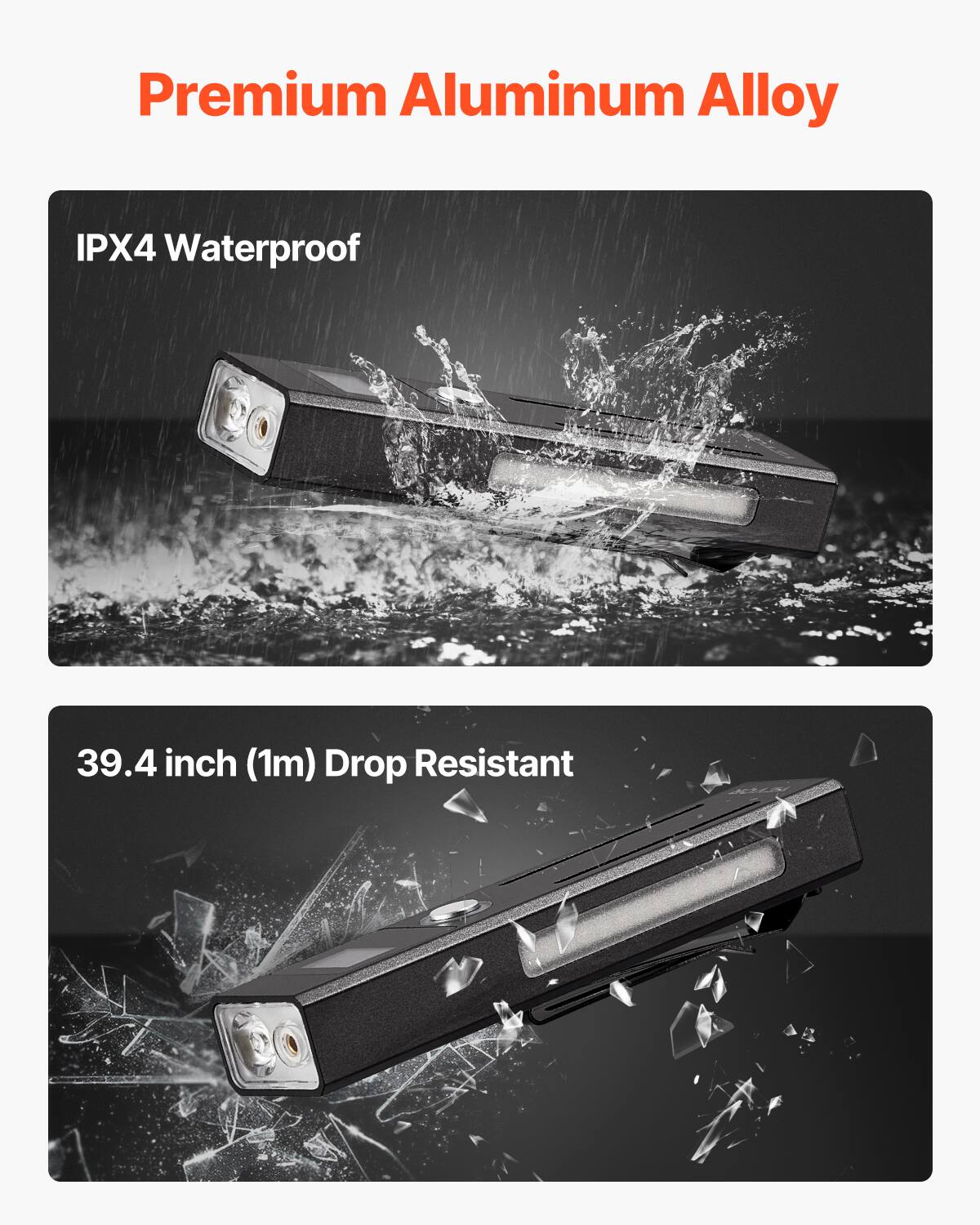 Premium Aluminum Alloy

IPX4 Waterproof

39.4 inch (1m) Drop Resistant