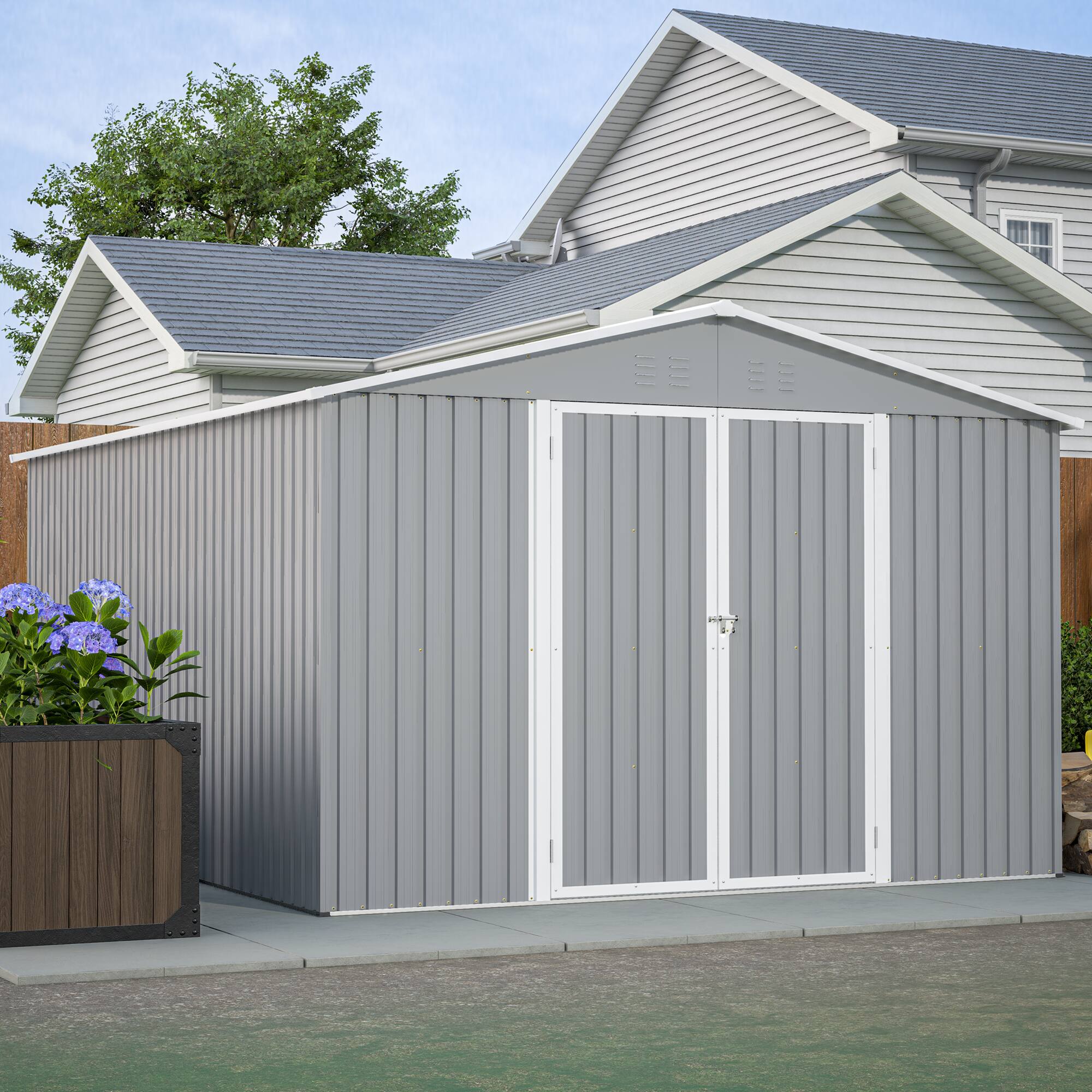 Alt View 6. Loheer - Loheer 10x12 ft Galvanized Steel Outdoor Storage Shed with Floor Frame and Double Lockable Doors Gray Metal Tool Shed.