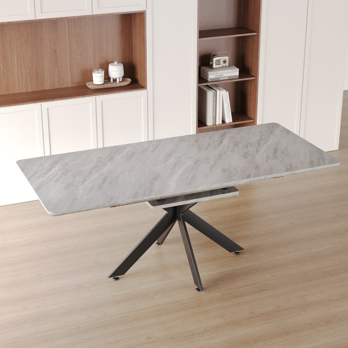 Loheer - Extendable Dining Table, Gray MDF Top with Black Metal X Legs, Seats 8 to 10 - Gray and black