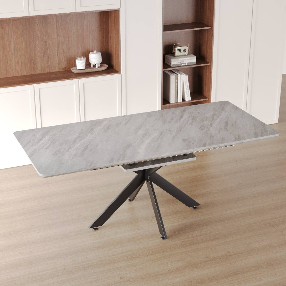 Loheer - Extendable Dining Table, Gray MDF Top with Black Metal X Legs, Seats 8 to 10 - Gray and black