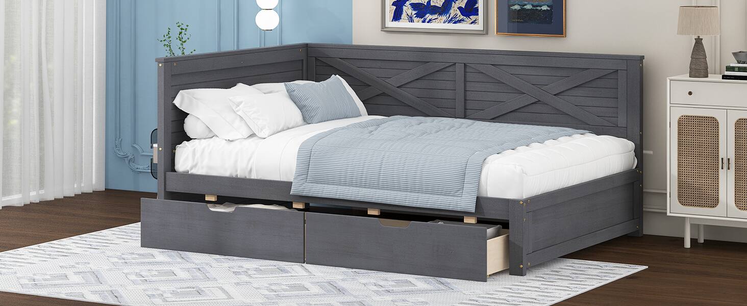 Alt View 1. Tiramisubest - Twin Size Wood Daybed with 2 Drawers and Rustic Guardrail, Ancient Grey - Grey.