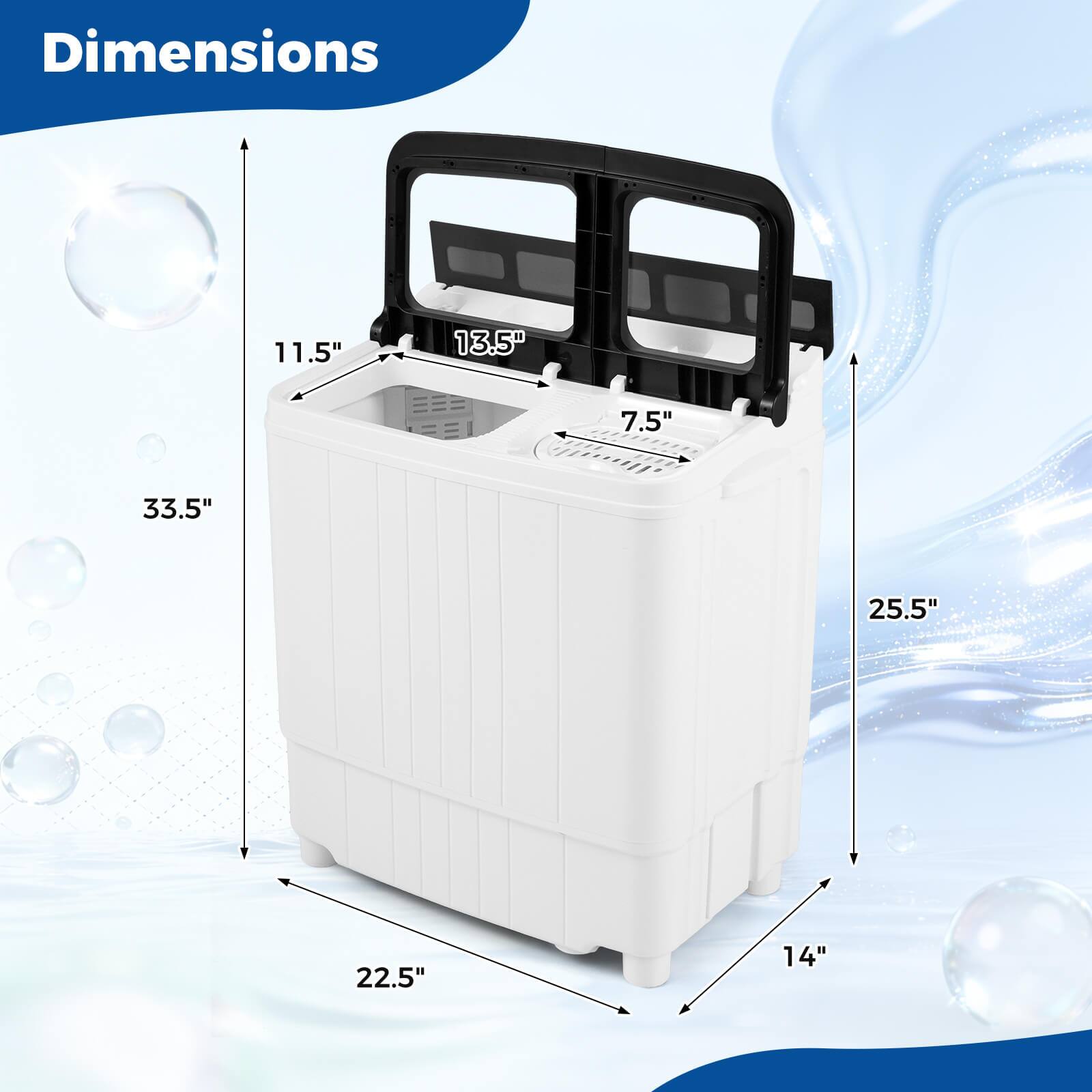 Dimensions: 11.5" x 13.5" x 7.5" x 33.5" x 25.5" x 22.5" x 14"