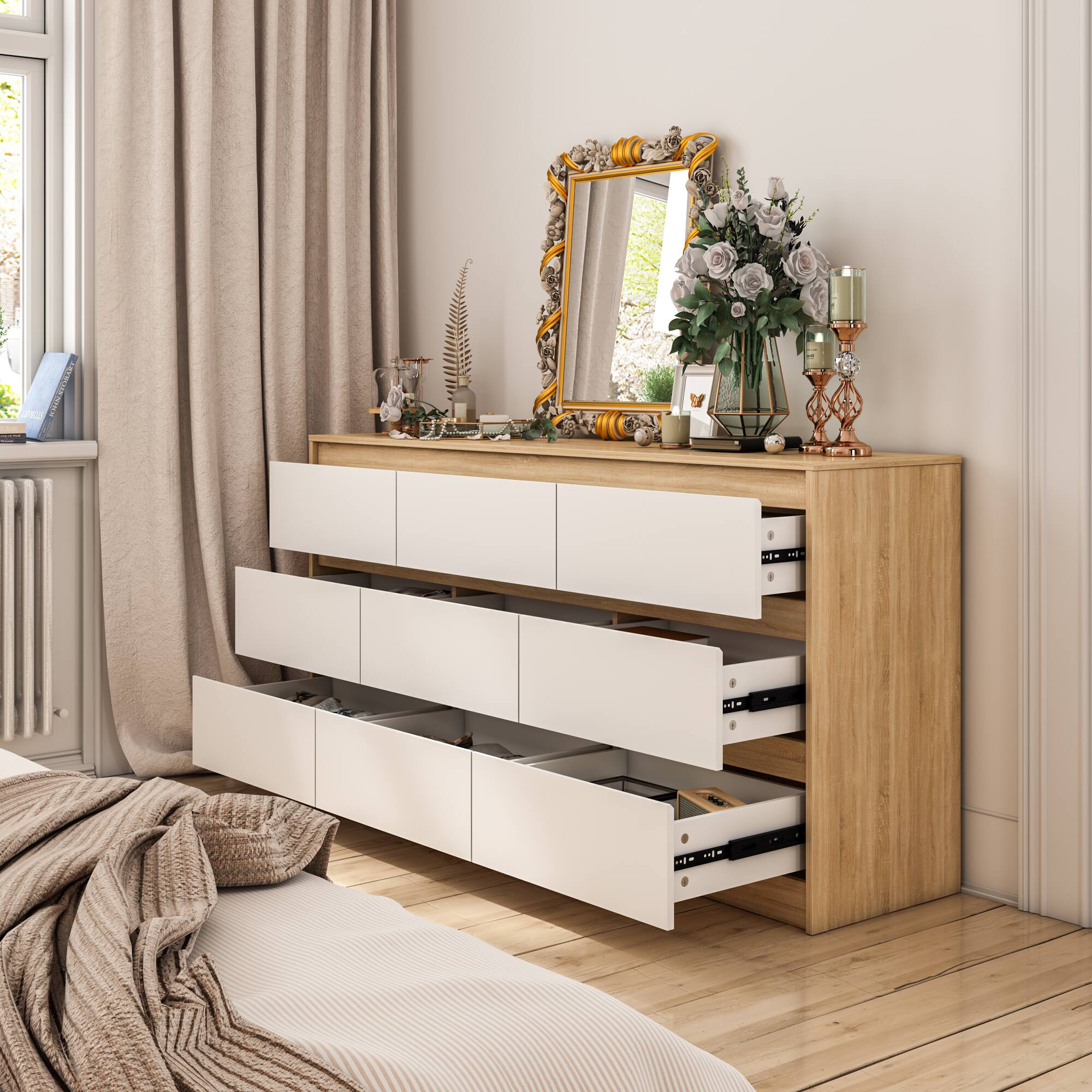 Alt View 8. Famapy - Famapy 9 - Drawer Dresser: Elevate Bedroom Storage with Timeless Design - White & Wooden.