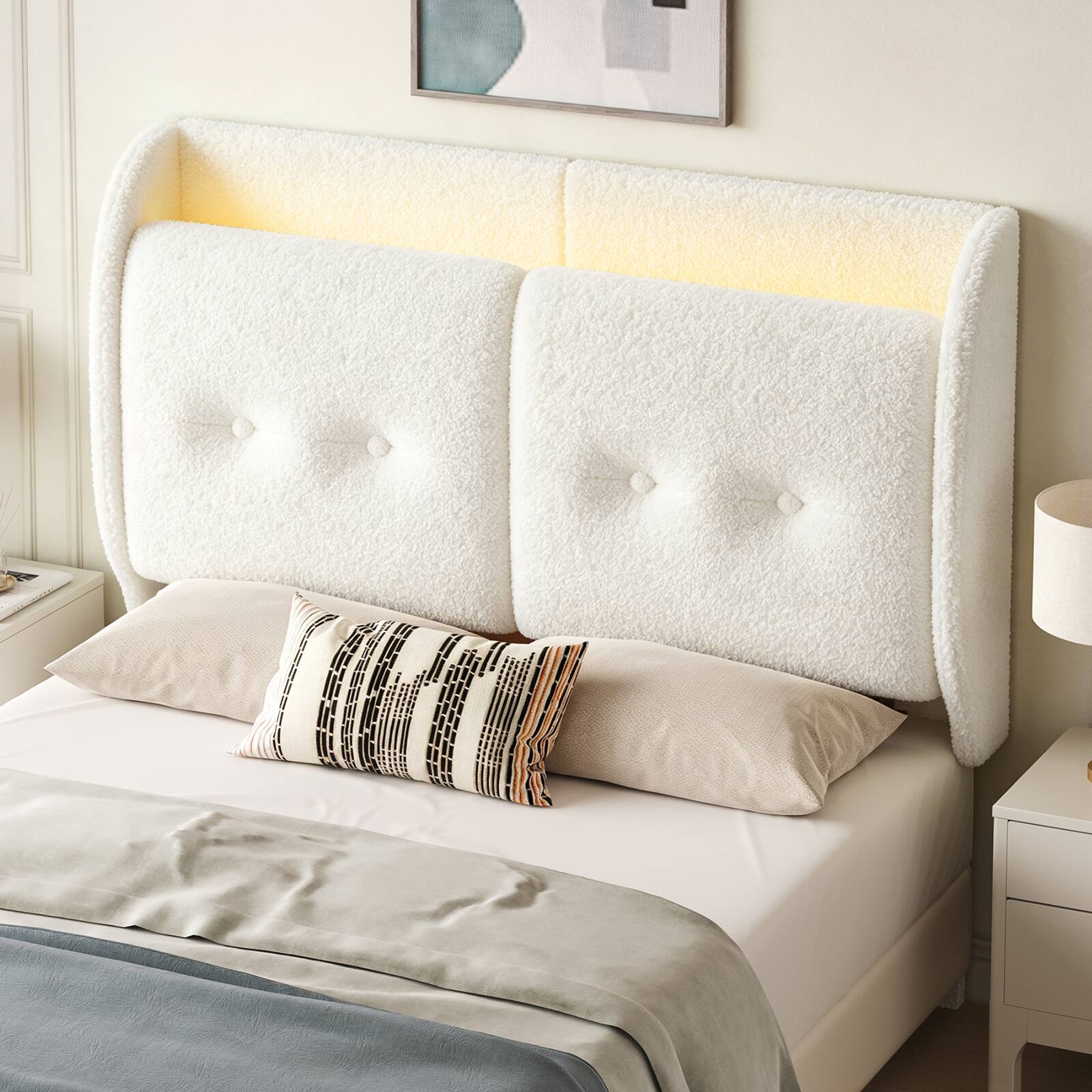 Angle. Pinmoco - LED Upholstered Headboard with Storage Shelves, USB Ports - Off-white.