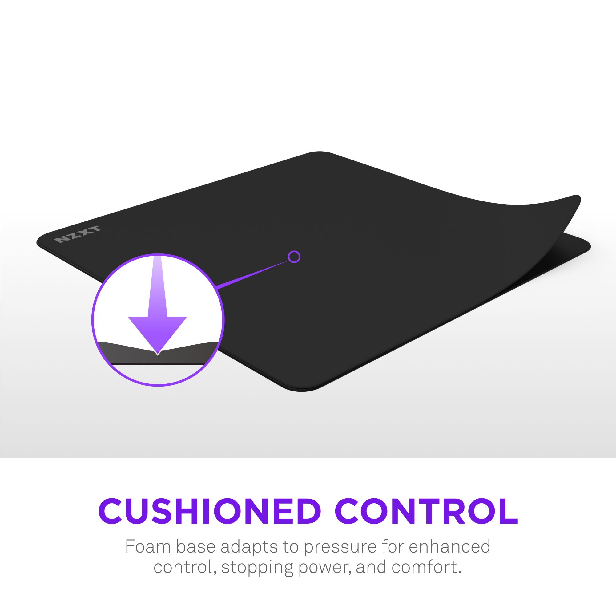 The text on the image reads: "CUSHIONED CONTROL Foam base adapts to pressure for enhanced control, stopping power, and comfort."