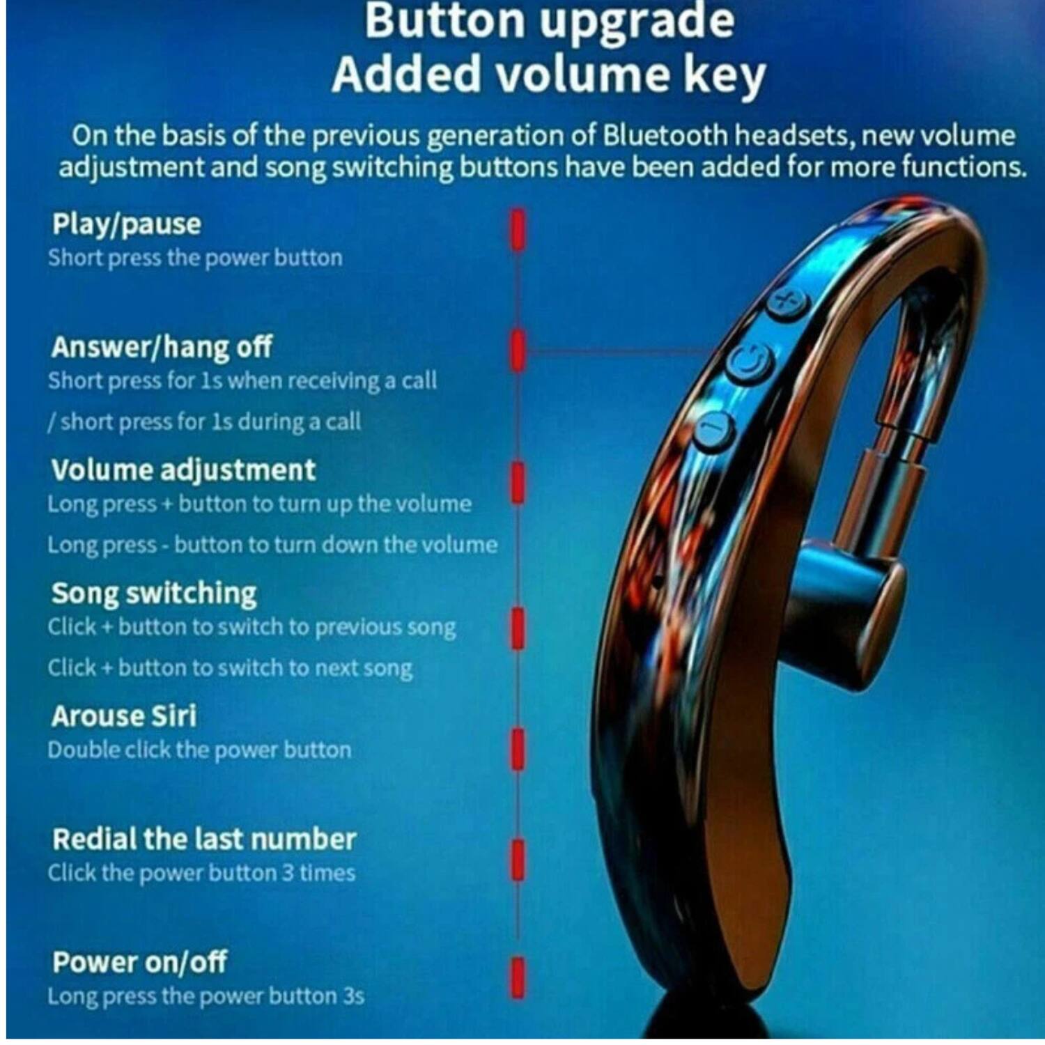 Button upgrade  
Added volume key  

On the basis of the previous generation of Bluetooth headsets, new volume adjustment and song switching buttons have been added for more functions.  

- **Play/pause**  
  Short press the power button  

- **Answer/hang off**  
  Short press for 1s when receiving a call / short press for 1s during a call  

- **Volume adjustment**  
  Long press + button to turn up the volume  
  Long press - button to turn down the volume  

- **Song switching**  
  Click + button to switch to previous song  
  Click + button to switch to next song  

- **Arouse Siri**  
  Double click the power button  

- **Redial the last number**  
  Click the power button 3 times  

- **Power on/off**  
  Long press the power button 3s